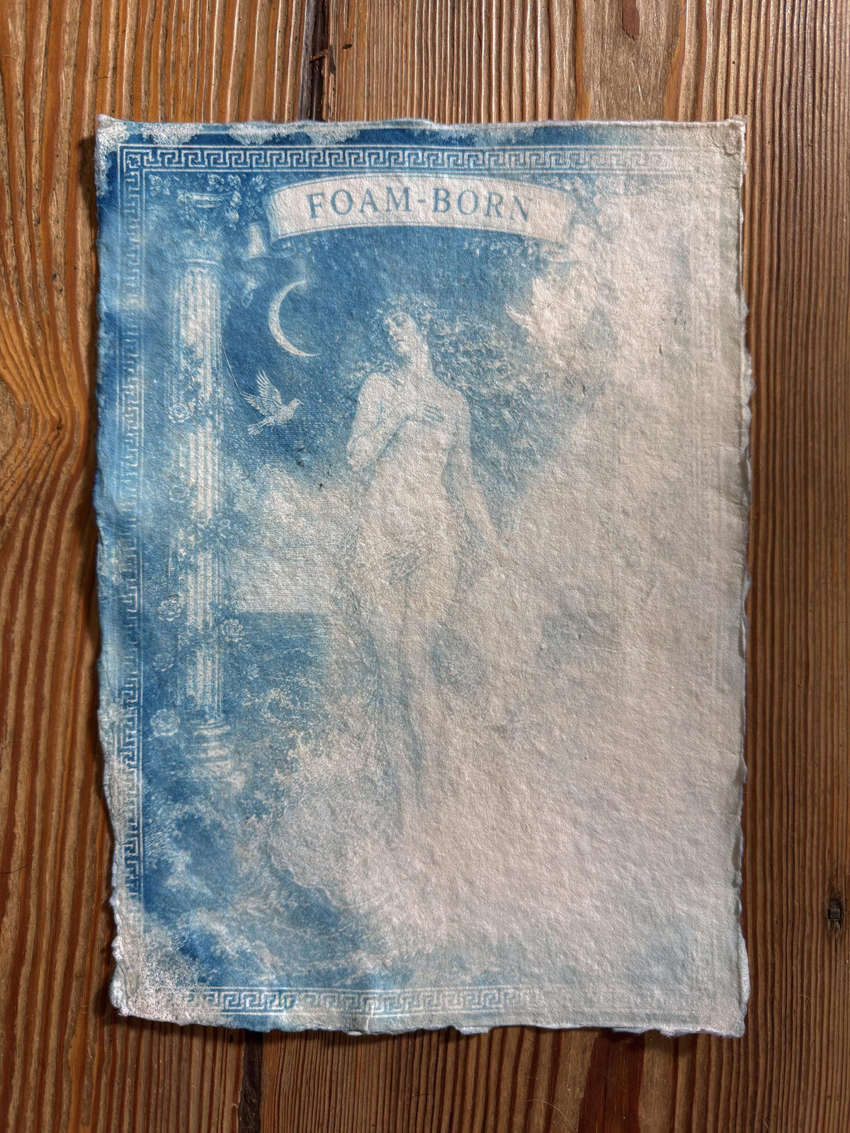 Lesbian lovers, Aphrodite Cyanotype Print, Original Handmade Blue Art on Cotton Rag Paper, A4, Romantic Sapphic Wall Art, Foam Born