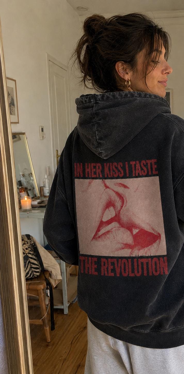 In her kiss Distressed Hoodie, Sapphic Zip Up, Retro 80s Fantasy Graphic Jacket, Faded Black Alternative Pride Sweatshirt, Riot Girl, Punk