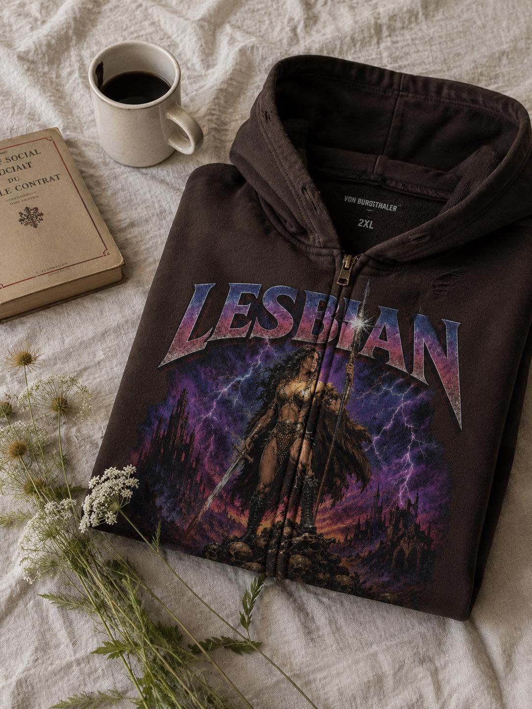 Lesbian Warrior Distressed Hoodie, Sapphic Heavy Metal Zip Up, Retro 80s Fantasy Graphic Jacket, Faded Black Gothic Pride Sweatshirt