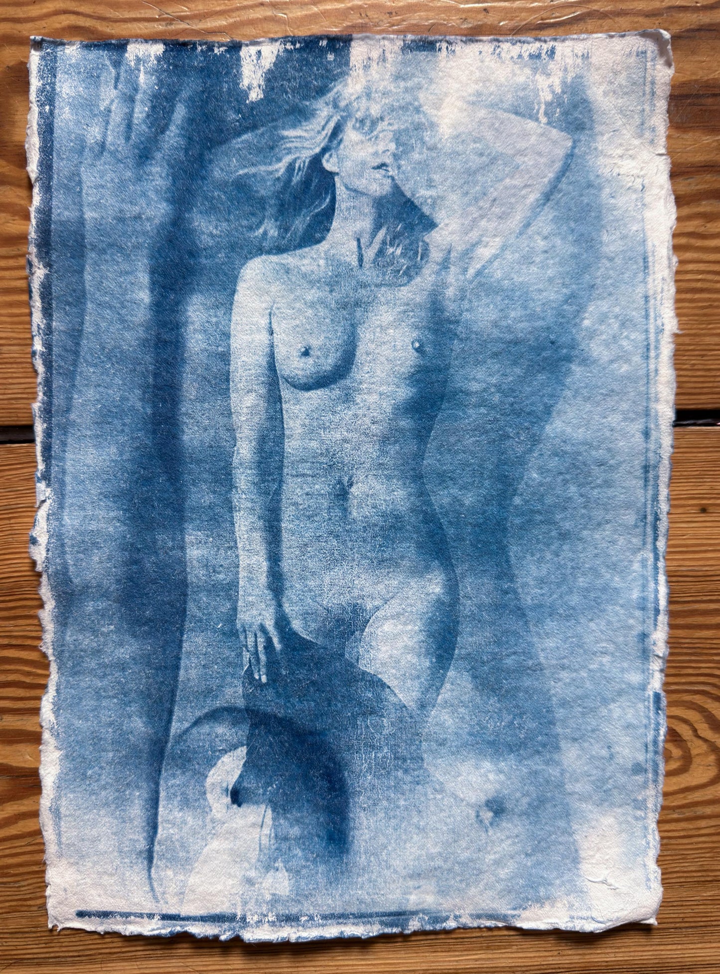 Original Cyanotype Female Nude Figure Print on Cotton Rag Paper, A4