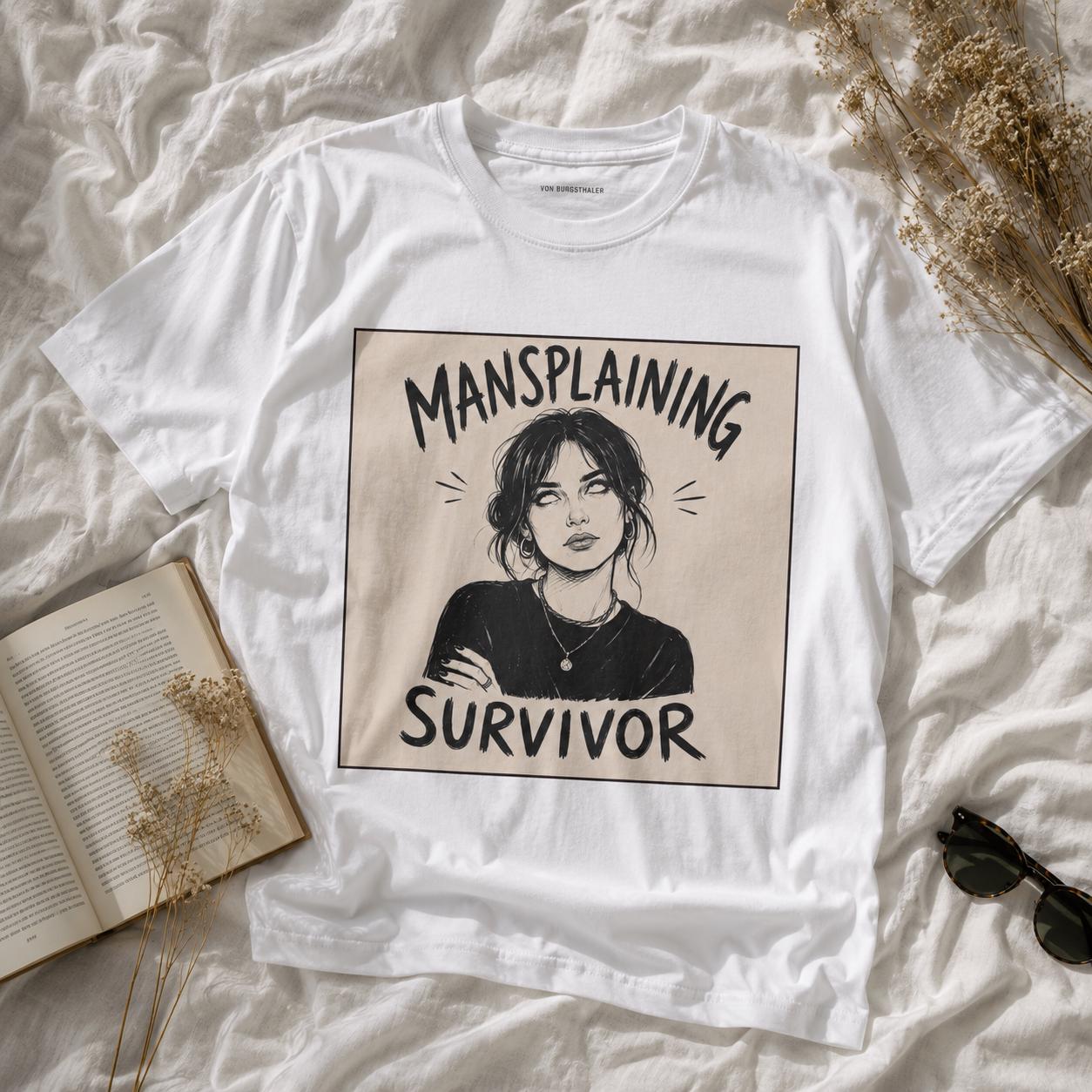 Mansplaining Survivor Shirt, Funny Feminist Graphic Tee, Sarcastic Women's T-Shirt, Girl Power Top, Edgy Sketch Art Gothic Apparel