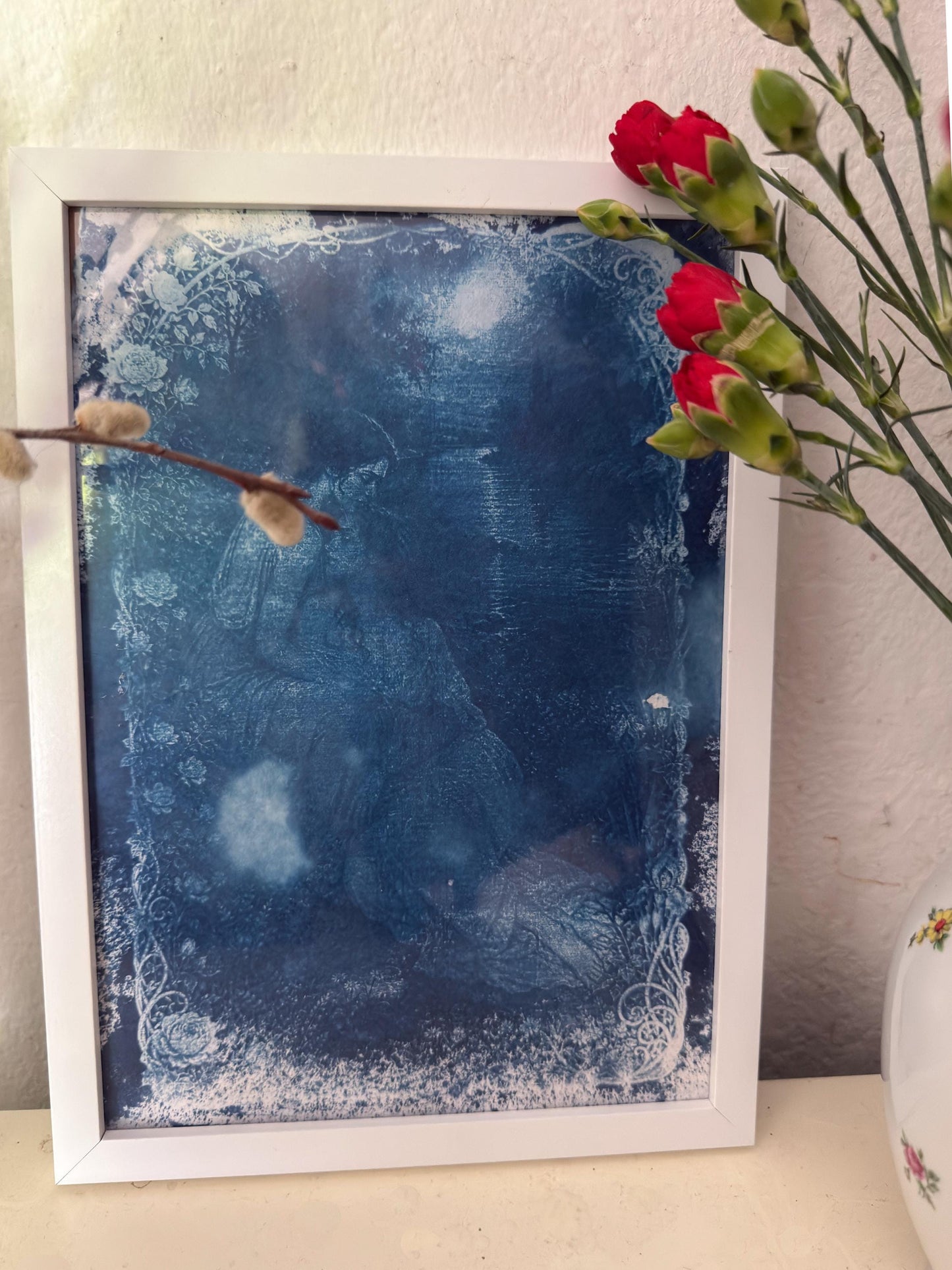 Lesbian Lovers Cyanotype Print, Original Handmade Blue Art on Cotton Rag Paper, A4, Romantic Sapphic Wall Art, moon light, stars, astrology