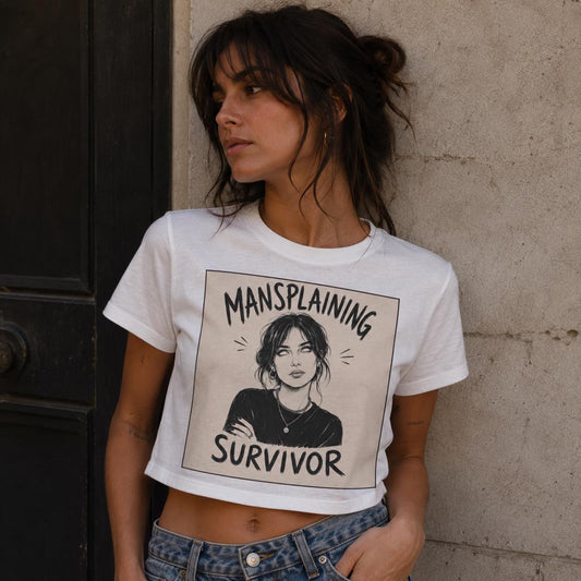 Mansplaining Survivor Baby Tee, Funny Feminist Shirt, Sarcastic Y2K Crop Top, Girl Power Graphic Tee, Smug Eye Roll Feminist Gift