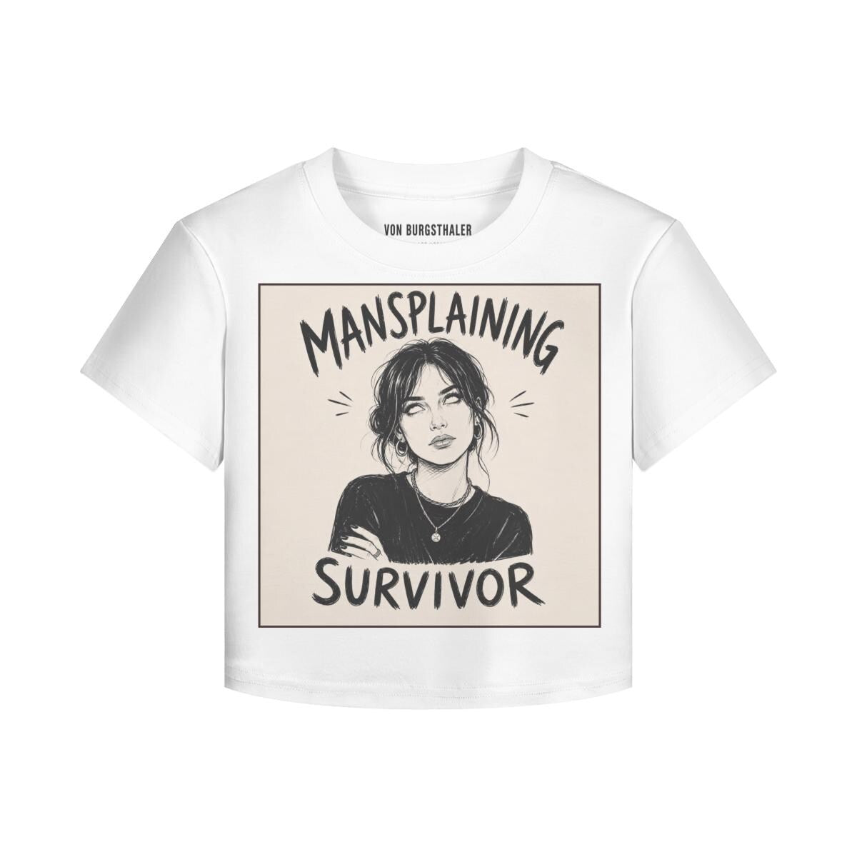 Mansplaining Survivor Baby Tee, Funny Feminist Shirt, Sarcastic Y2K Crop Top, Girl Power Graphic Tee, Smug Eye Roll Feminist Gift