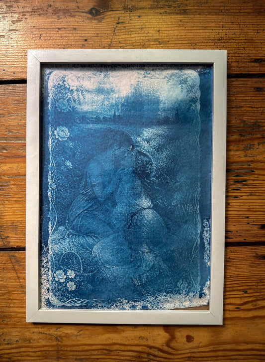 Lesbian Lovers Cyanotype Print, Original Handmade Blue Art on Cotton Rag Paper, A4, Romantic Sapphic Wall Art, Flowers, Kiss