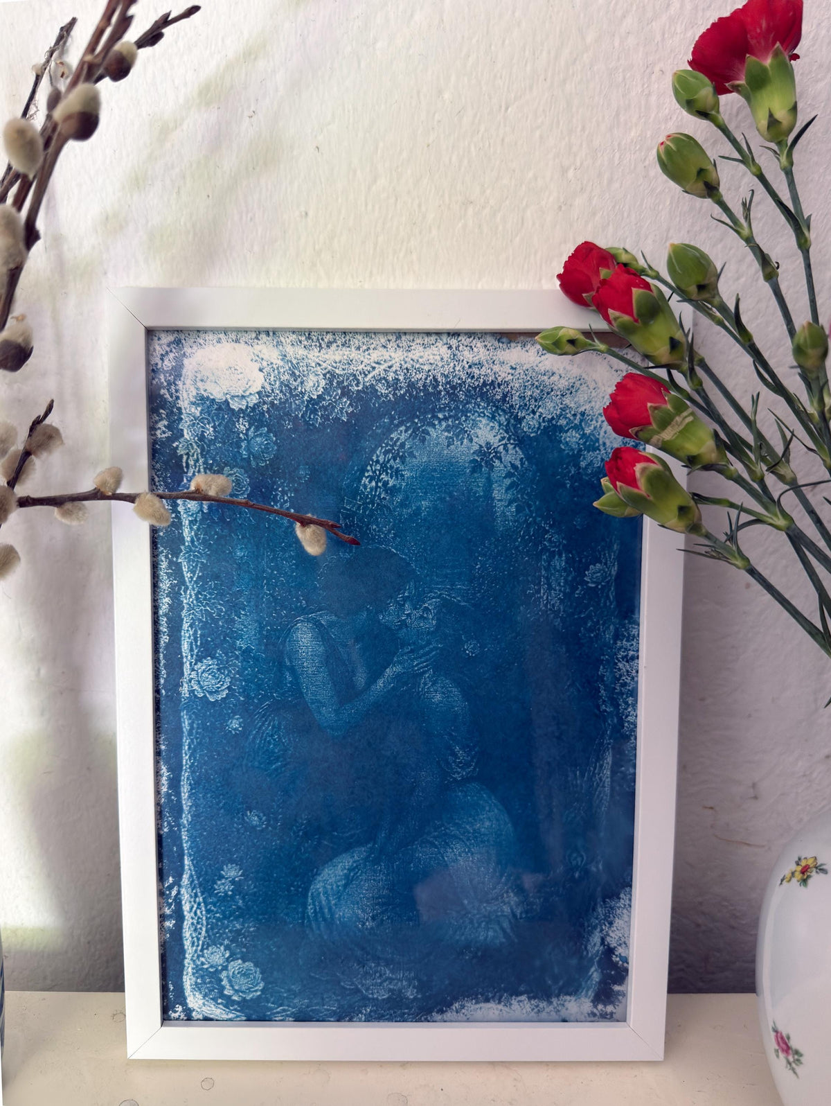 Lesbian Lovers Cyanotype Print, Original Handmade Blue Art on Cotton Rag Paper, A4, Romantic Sapphic Wall Art, Flowers, Roses, Kiss