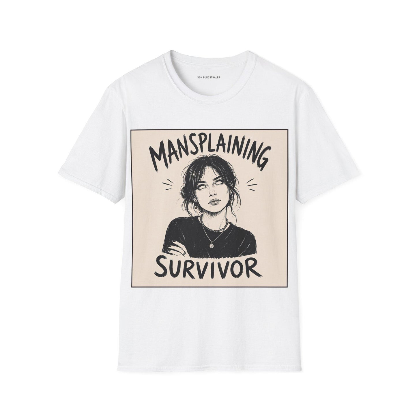 Mansplaining Survivor Shirt, Funny Feminist Graphic Tee, Sarcastic Women's T-Shirt, Girl Power Top, Edgy Sketch Art Gothic Apparel