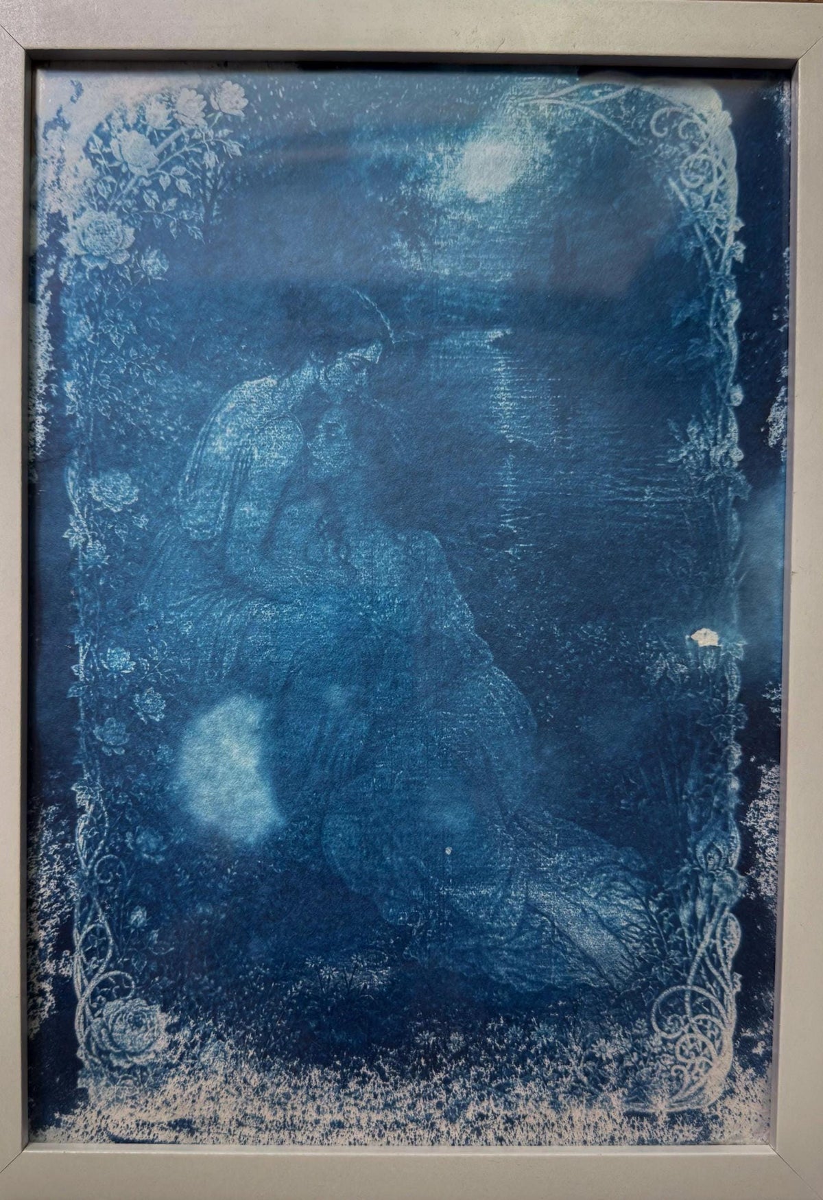 Lesbian Lovers Cyanotype Print, Original Handmade Blue Art on Cotton Rag Paper, A4, Romantic Sapphic Wall Art, moon light, stars, astrology