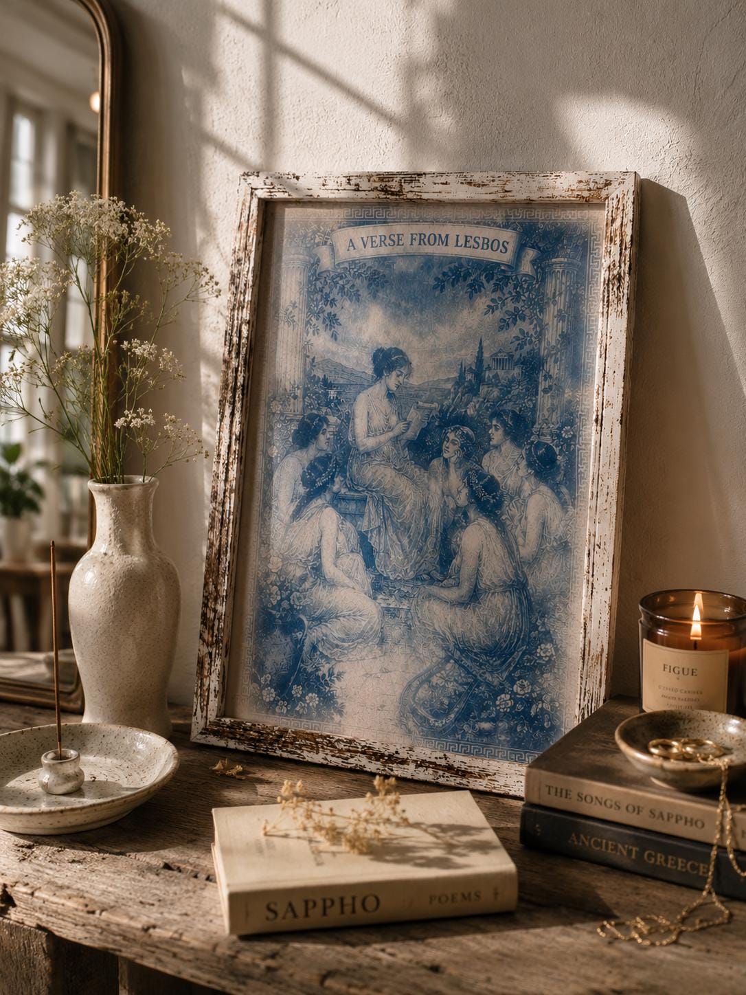 Lesbian lovers, Aphrodite Cyanotype Print, Original Handmade Blue Art on Cotton Rag Paper, A4, Romantic Sapphic Wall Art, Foam Born