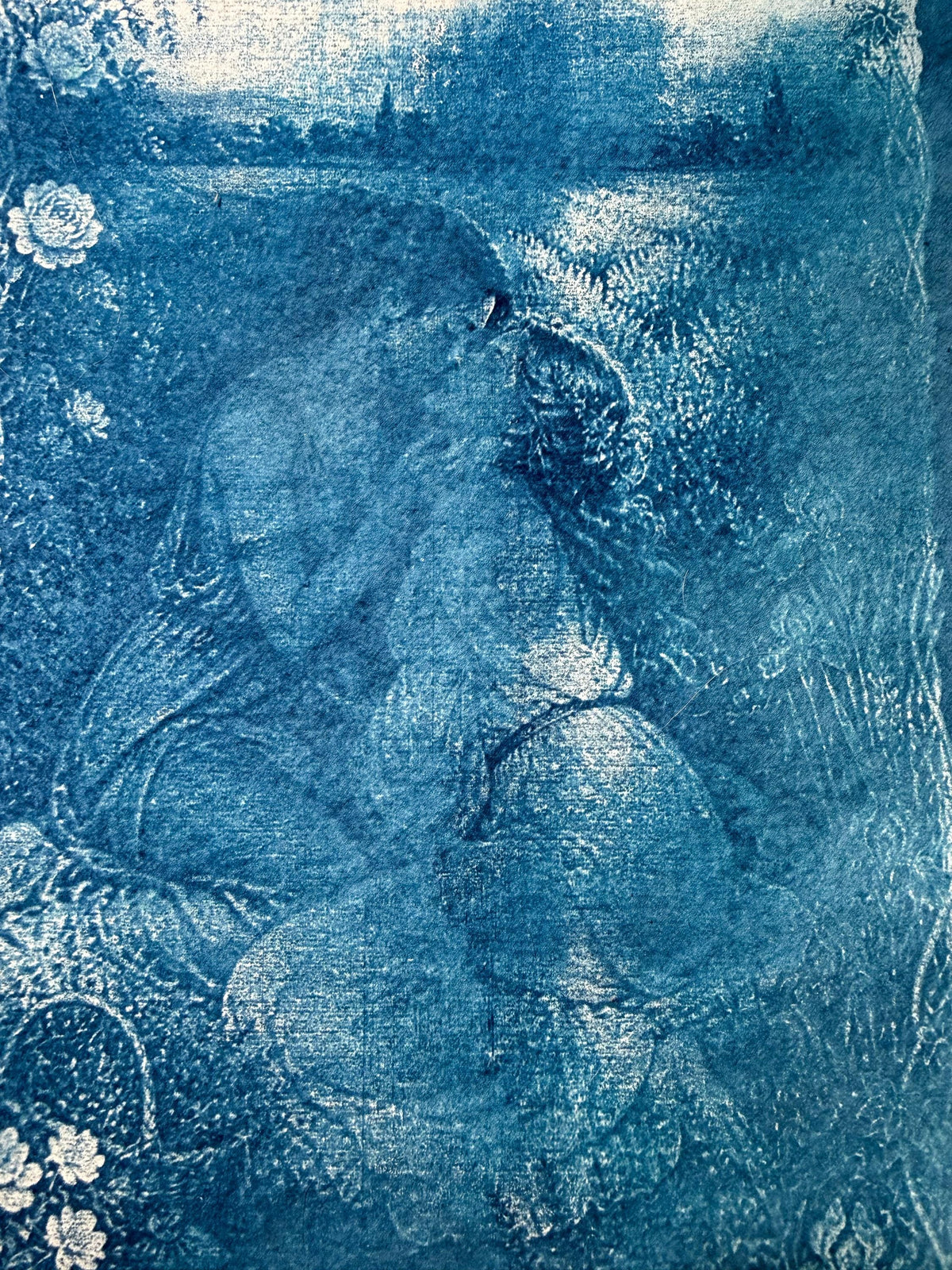Lesbian Lovers Cyanotype Print, Original Handmade Blue Art on Cotton Rag Paper, A4, Romantic Sapphic Wall Art, Flowers, Kiss