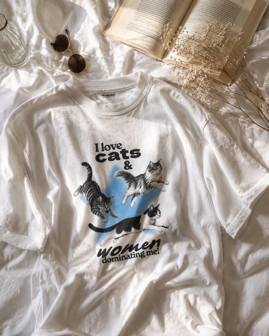 I Love Cats And Women Dominating Me Shirt, Retro Funny Cat Graphic Tee, Sarcastic Meme T-Shirt, Submissive Humorous Top, Cute Kitten Shirt