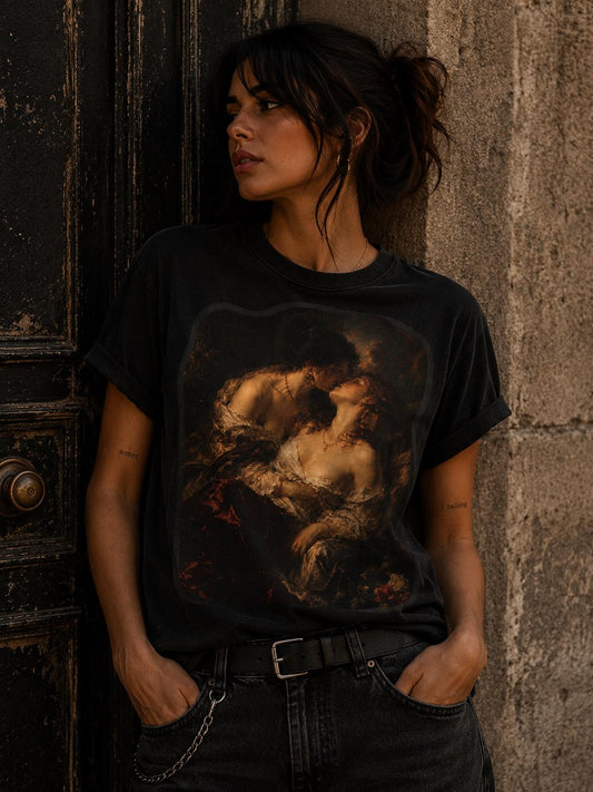 Sapphic Art T-Shirt, Classical Painting Kissing Women Tee, Lesbian WLW Pride Shirt, Vintage Dark Academia Fine Art Graphic Top