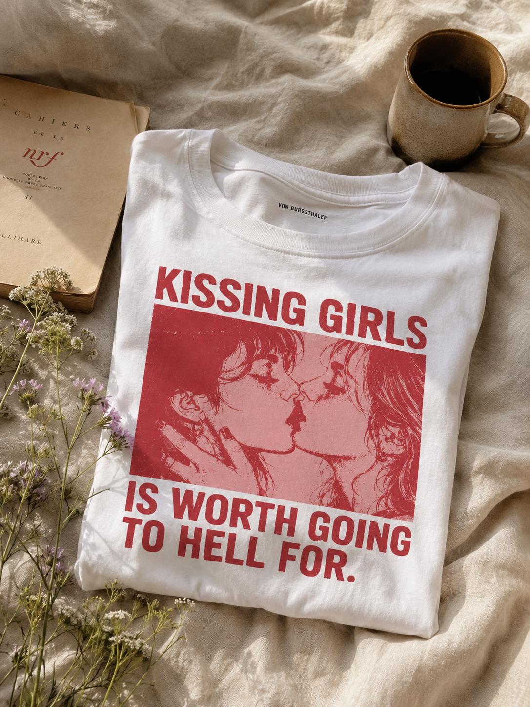 Kissing Girls Is Worth Going To Hell For Shirt | Sapphic Graphic Tee | Lesbian Pride T-Shirt | Retro Pulp Art Top | Queer Feminist Clothing