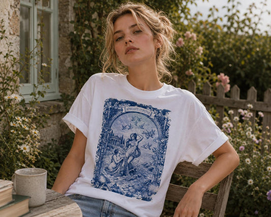 Lesbian APHRODITE Cyanotype T-Shirt – Blue Sapphic Art Print Tee – Romantic Classical Illustration Shirt – Vintage Style Poetry Top - Greek