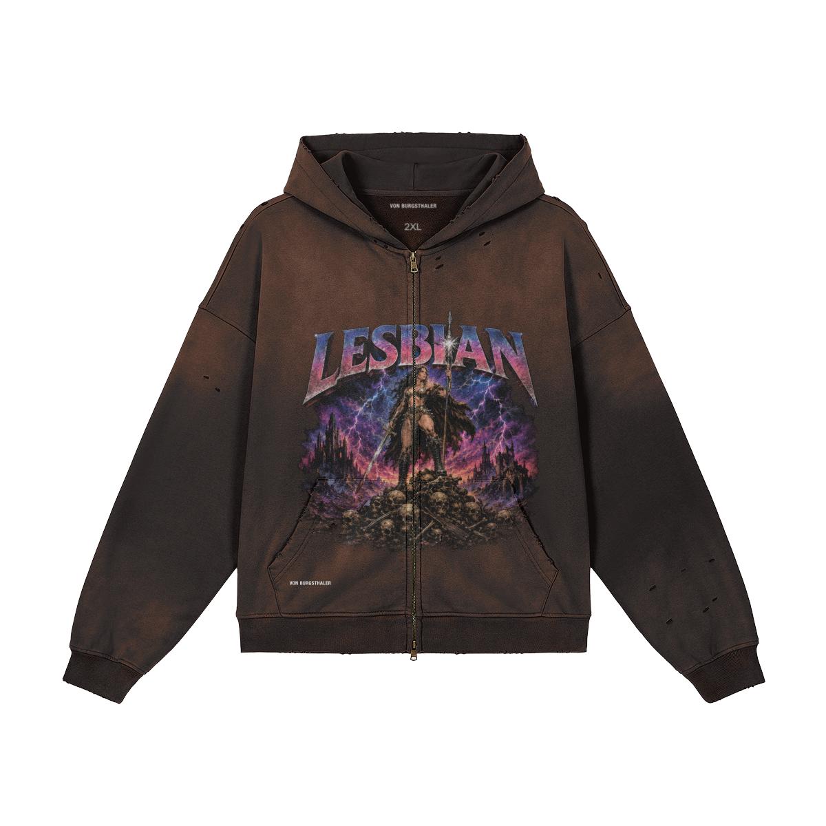Lesbian Warrior Distressed Hoodie, Sapphic Heavy Metal Zip Up, Retro 80s Fantasy Graphic Jacket, Faded Black Gothic Pride Sweatshirt