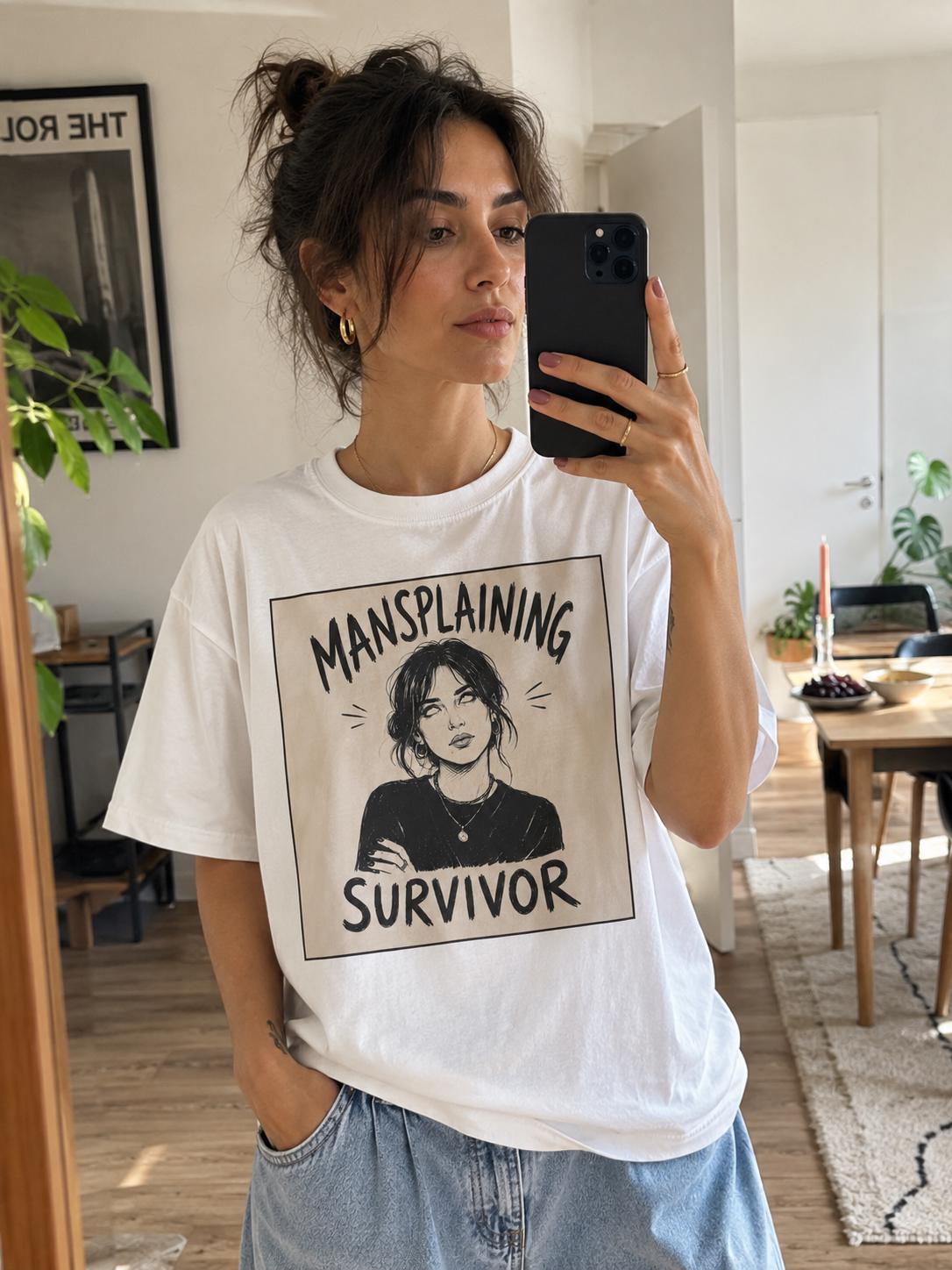 Mansplaining Survivor Shirt, Funny Feminist Graphic Tee, Sarcastic Women's T-Shirt, Girl Power Top, Edgy Sketch Art Gothic Apparel