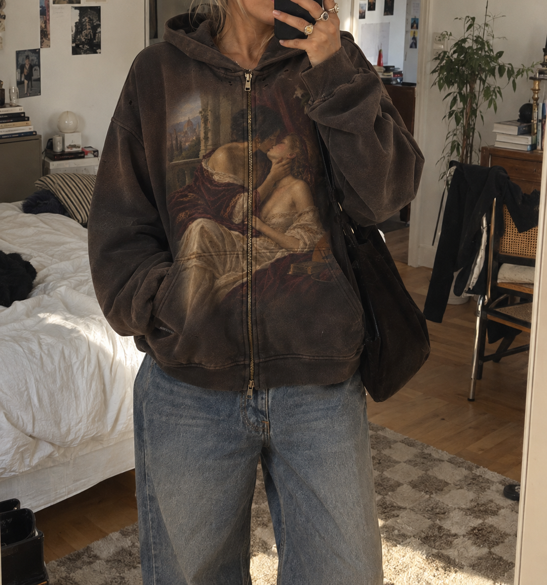 Vintage Renaissance Art Zip Up Hoodie, Sapphic Romantic Painting Distressed Sweatshirt, Dark Academia Lovers Jacket, Aesthetic Goth Hoodie