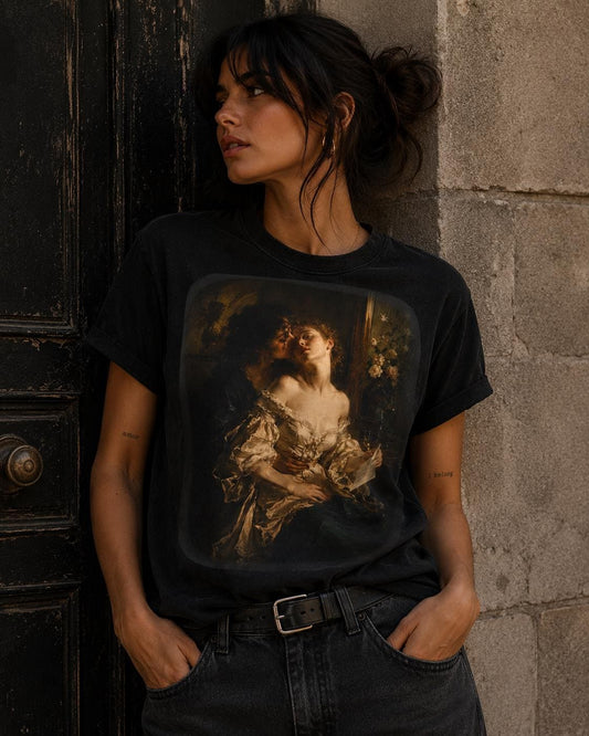 Sapphic Art T-Shirt, Classical Painting Kissing Women Tee, Lesbian WLW Pride Shirt, Vintage Dark Academia Fine Art Graphic Top
