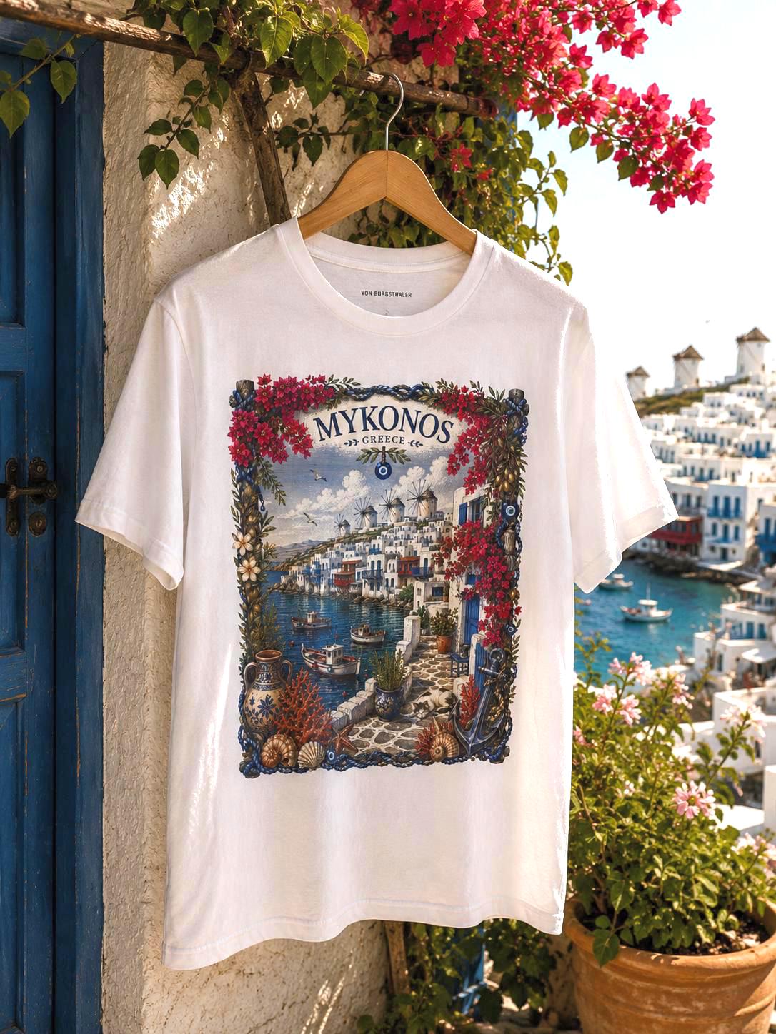 Mykonos Tee, Greek Island Shirt, Mediterranean Summer, Greece Vacation Tee, Coastal Aesthetic, Oversized Shirt, Vintage 90s, Y2K