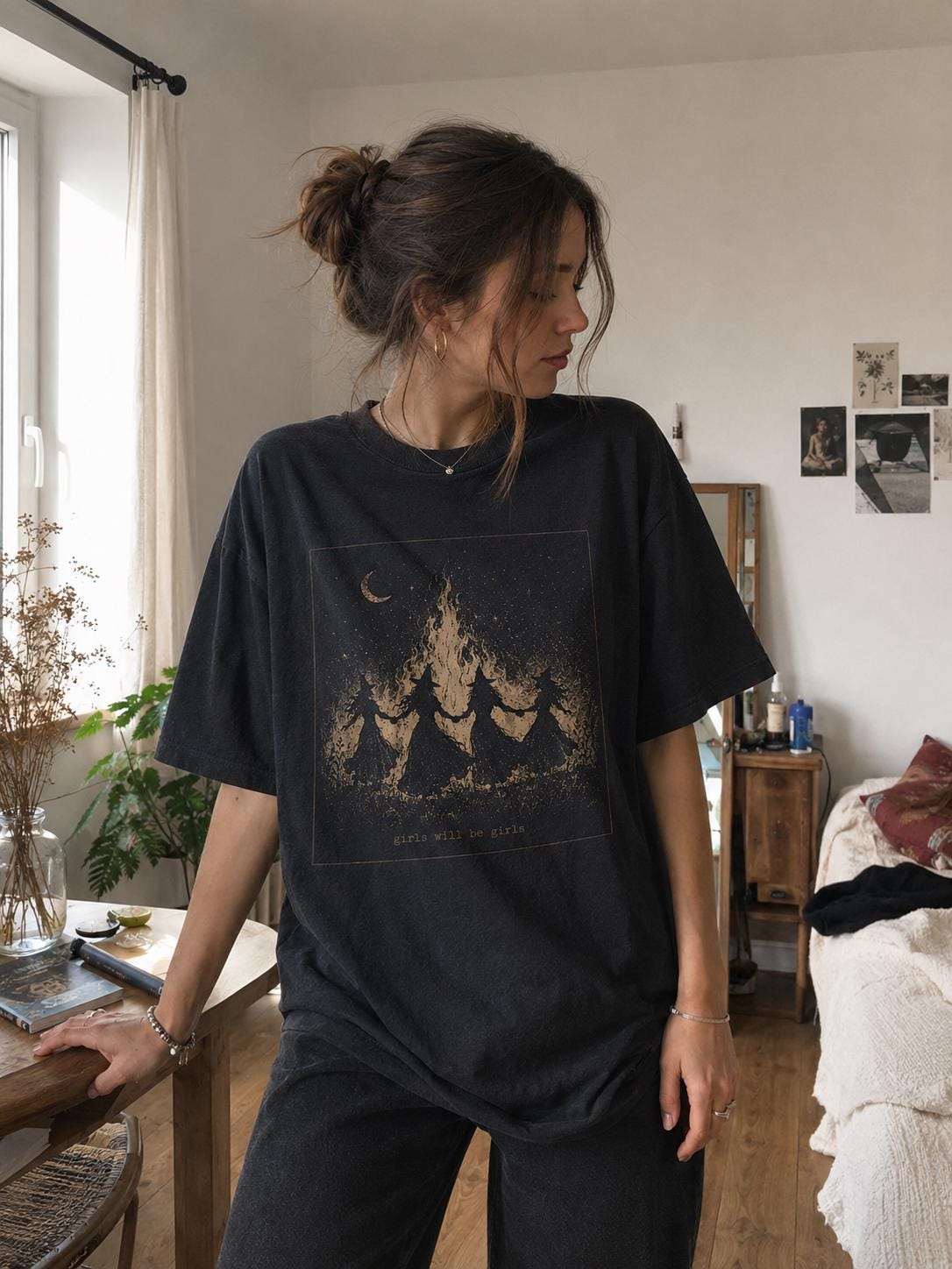 Girls Will Be Girls Witch Shirt, Coven Bonfire T-Shirt, Dark Halloween Top, Vintage Witchy Graphic Tee, Goth Aesthetic Merch, Feminist