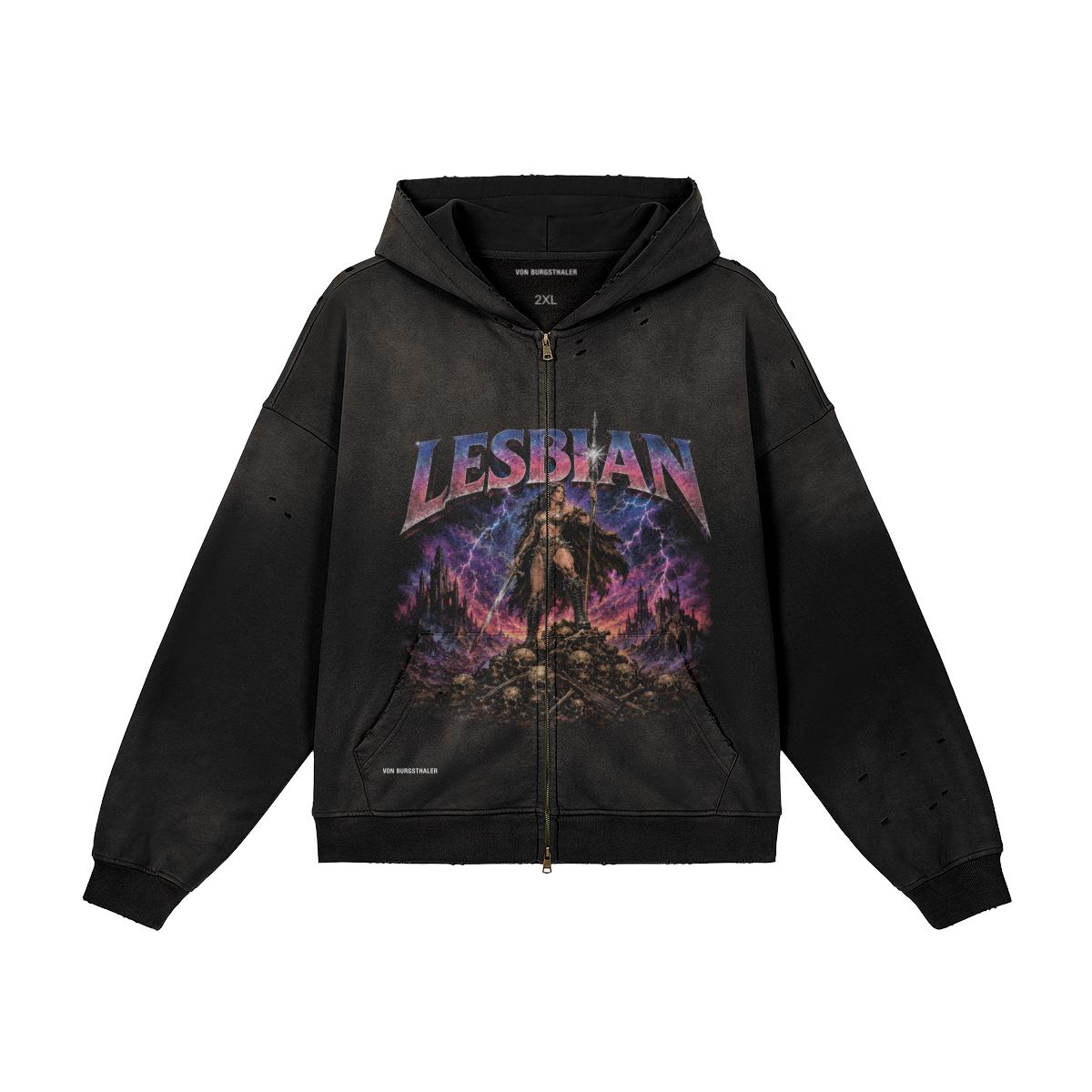 Lesbian Warrior Distressed Hoodie, Sapphic Heavy Metal Zip Up, Retro 80s Fantasy Graphic Jacket, Faded Black Gothic Pride Sweatshirt