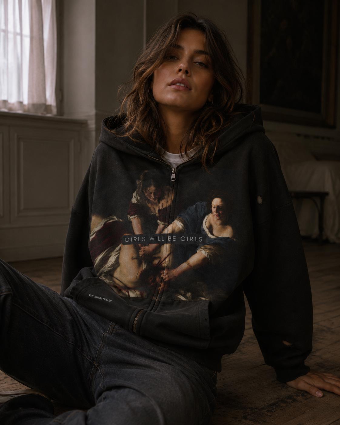 Girls Will Be Girls Sapphic Hoodie, Distressed Lesbian Feminist Zip Up, Artemisia Gentileschi Art Sweatshirt, Dark Academia Graphic Jacket