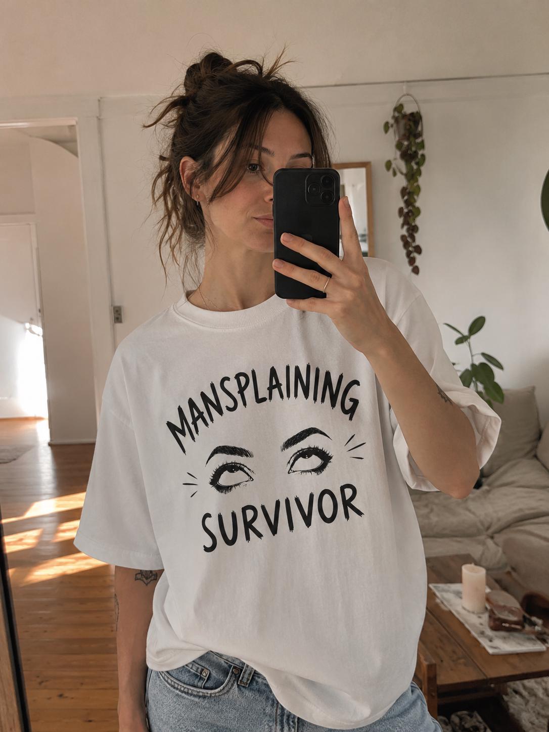 Mansplaining Survivor Shirt, Funny Feminist Graphic Tee, Sarcastic Women's T-Shirt, Girl Power Top, Edgy Sketch Art Gothic Apparel