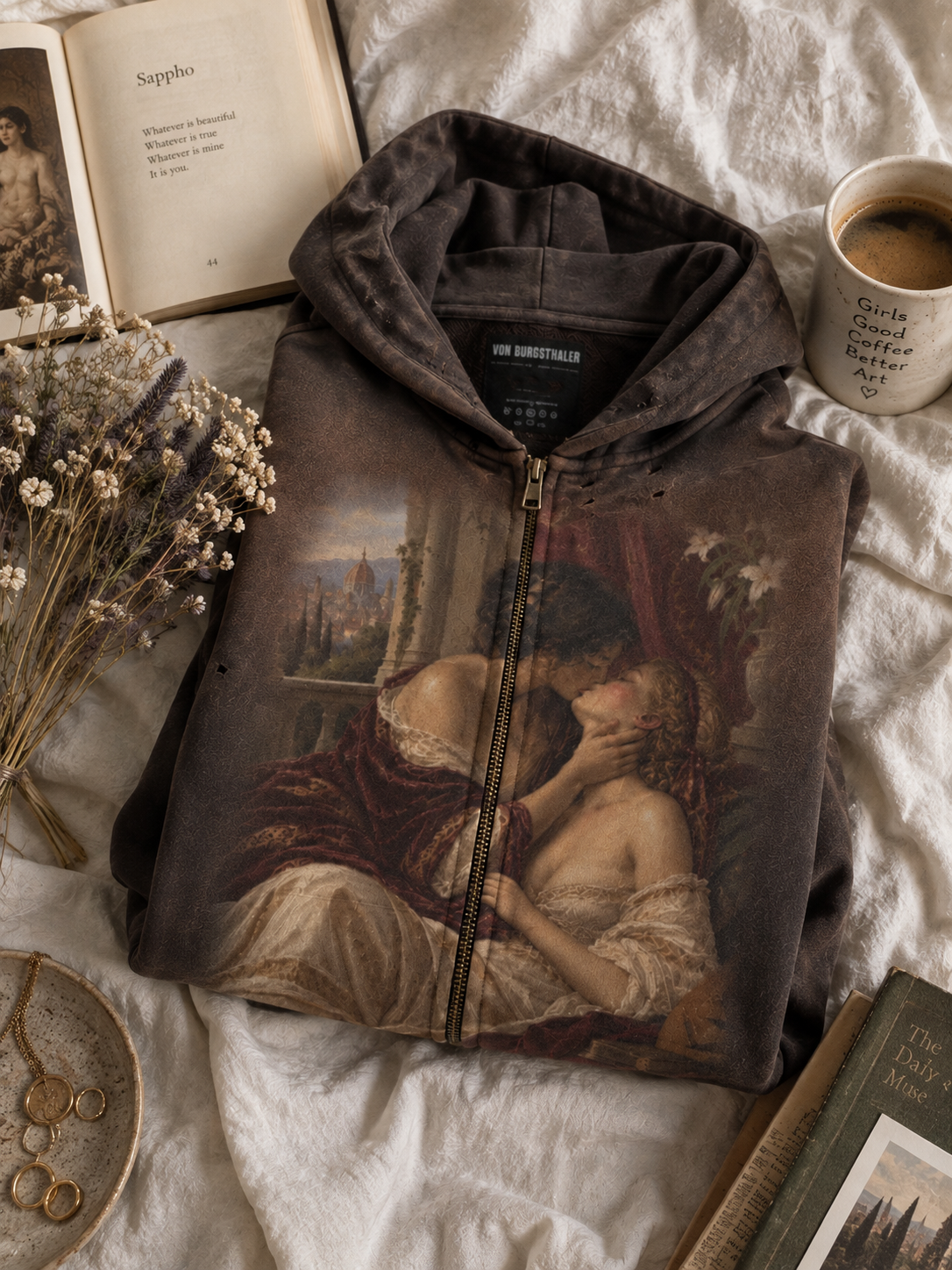 Vintage Renaissance Art Zip Up Hoodie, Sapphic Romantic Painting Distressed Sweatshirt, Dark Academia Lovers Jacket, Aesthetic Goth Hoodie