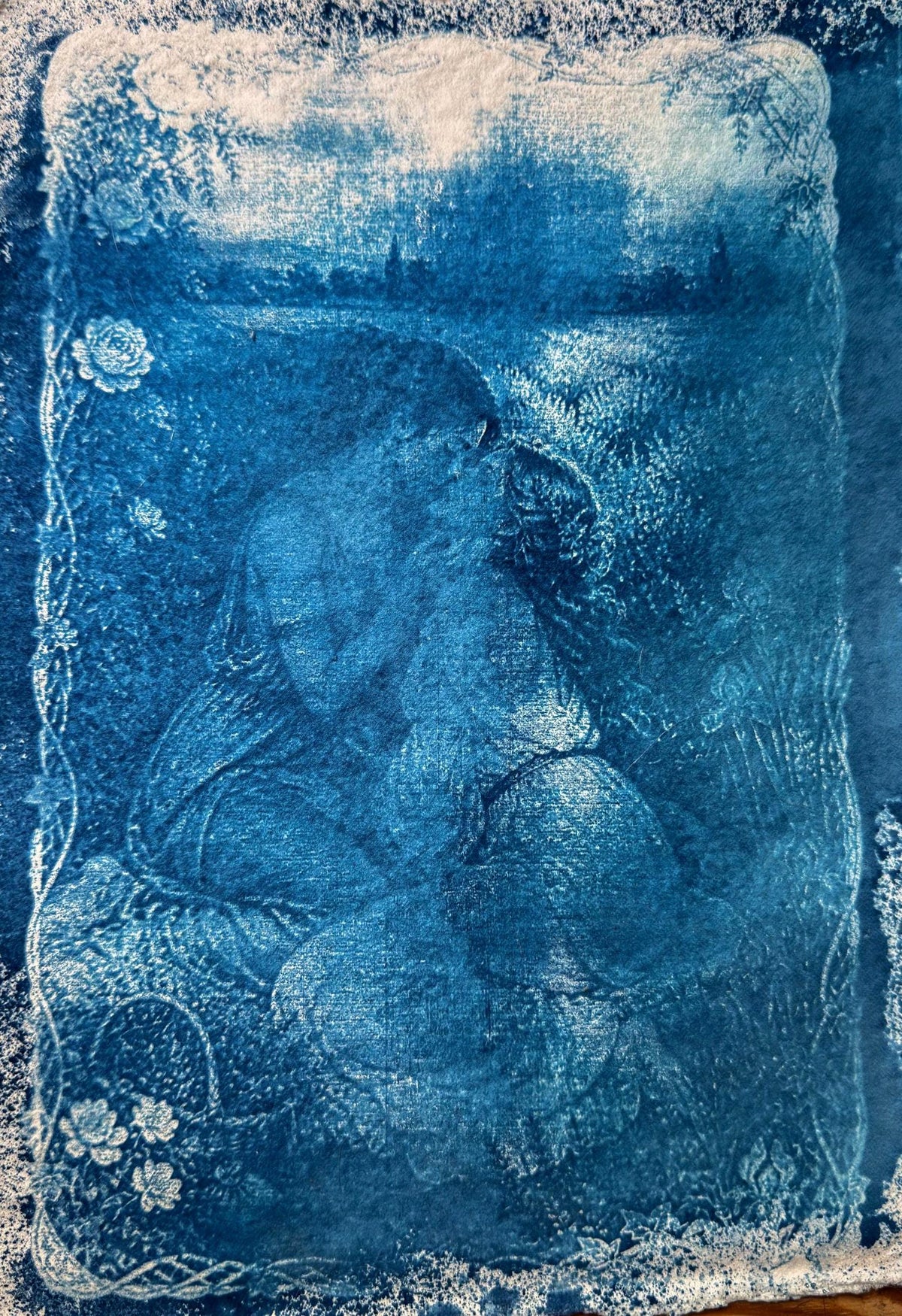 Lesbian Lovers Cyanotype Print, Original Handmade Blue Art on Cotton Rag Paper, A4, Romantic Sapphic Wall Art, Flowers, Kiss