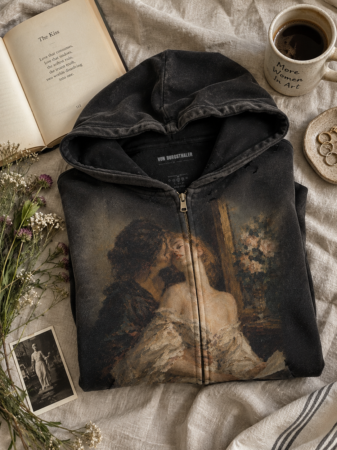 Vintage Renaissance Art Zip Up Hoodie, Sapphic Romantic Painting Distressed Sweatshirt, Dark Academia Lovers Jacket, Aesthetic Goth Hoodie