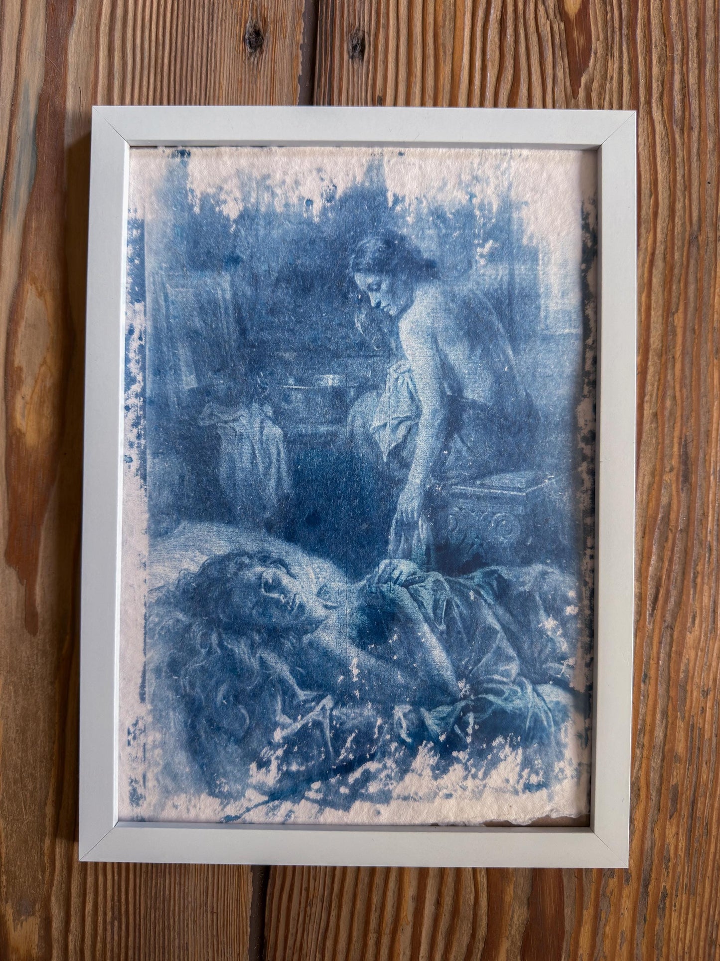 Lesbian Lovers Cyanotype Print, Original Handmade Blue Art on Cotton Rag Paper, A4, Romantic Sapphic Wall Art