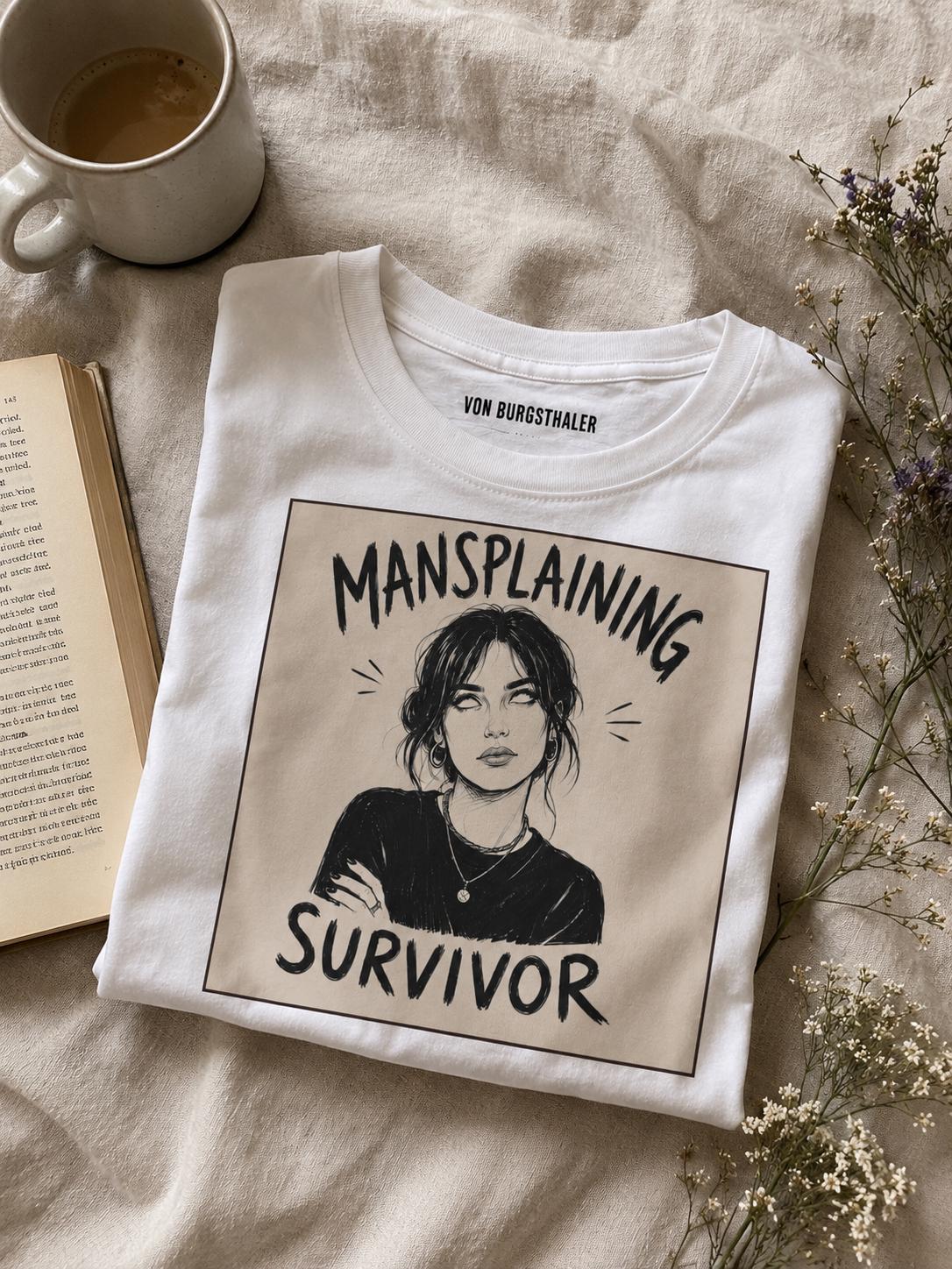 Mansplaining Survivor Baby Tee, Funny Feminist Shirt, Sarcastic Y2K Crop Top, Girl Power Graphic Tee, Smug Eye Roll Feminist Gift