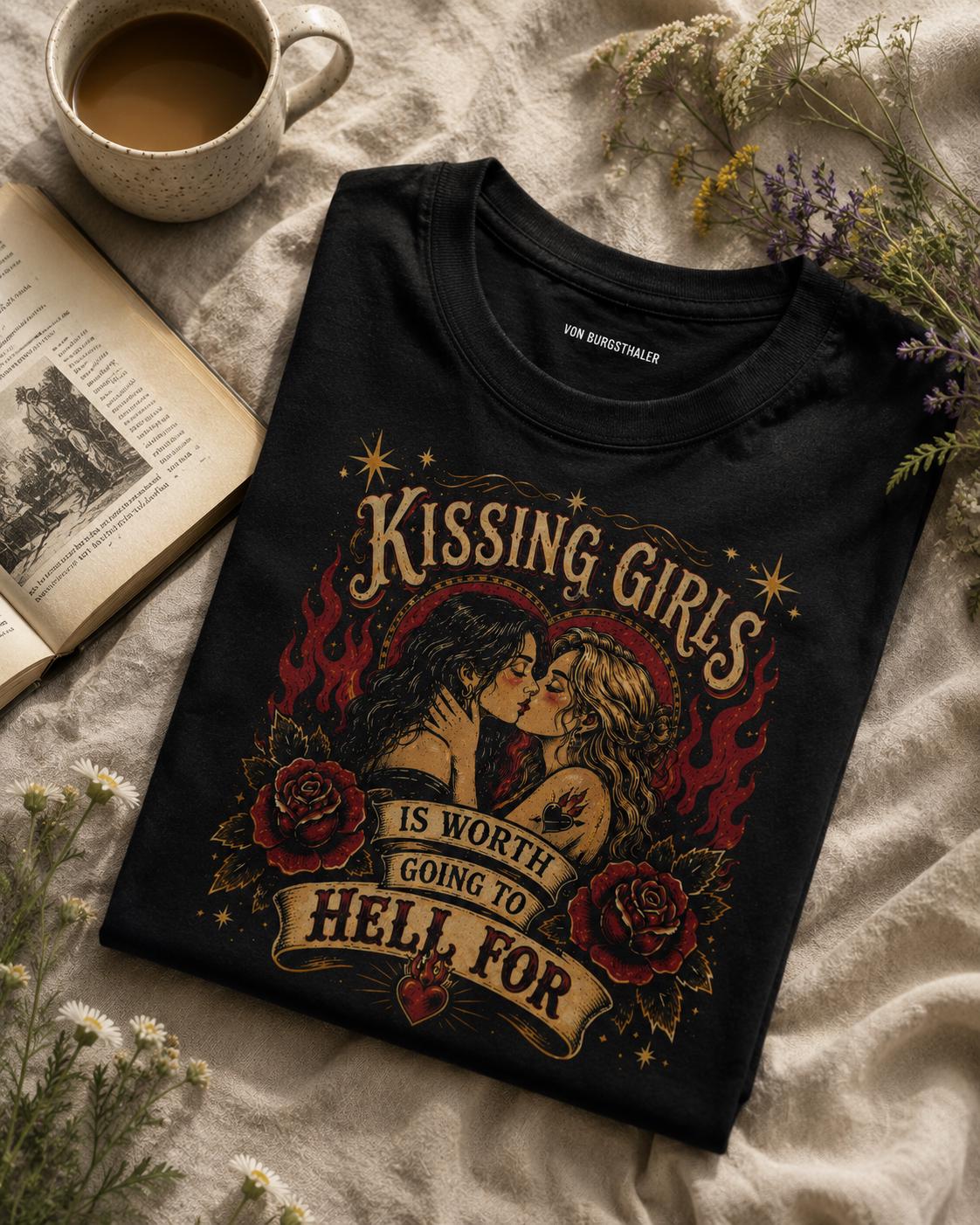 Kissing Girls Is Worth Going To Hell For Shirt | Sapphic Graphic Tee | Lesbian Pride T-Shirt | Retro Pulp Art Top | Queer Feminist Clothing