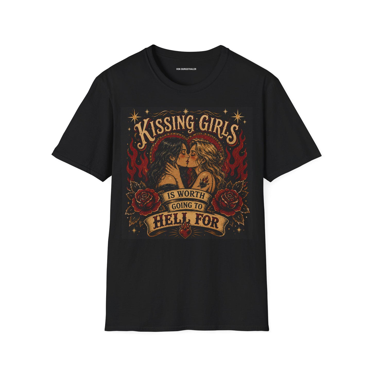 Kissing Girls Is Worth Going To Hell For Shirt | Sapphic Graphic Tee | Lesbian Pride T-Shirt | Retro Pulp Art Top | Queer Feminist Clothing