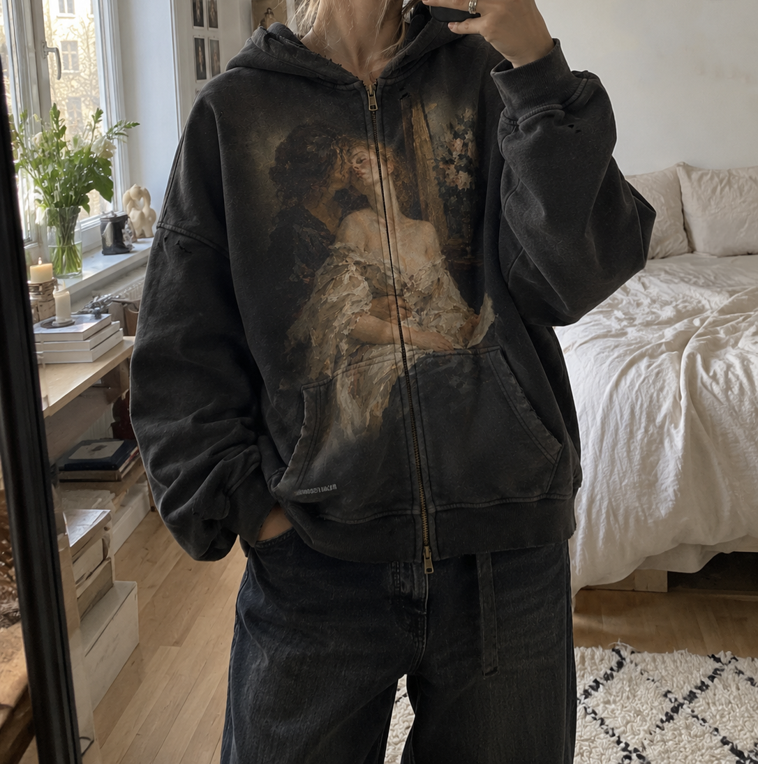 Vintage Renaissance Art Zip Up Hoodie, Sapphic Romantic Painting Distressed Sweatshirt, Dark Academia Lovers Jacket, Aesthetic Goth Hoodie