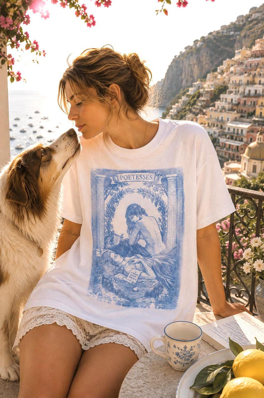 Lesbian POETESSES Cyanotype T-Shirt – Blue Sapphic Art Print Tee – Romantic Classical Illustration Shirt – Vintage Style Poetry Top