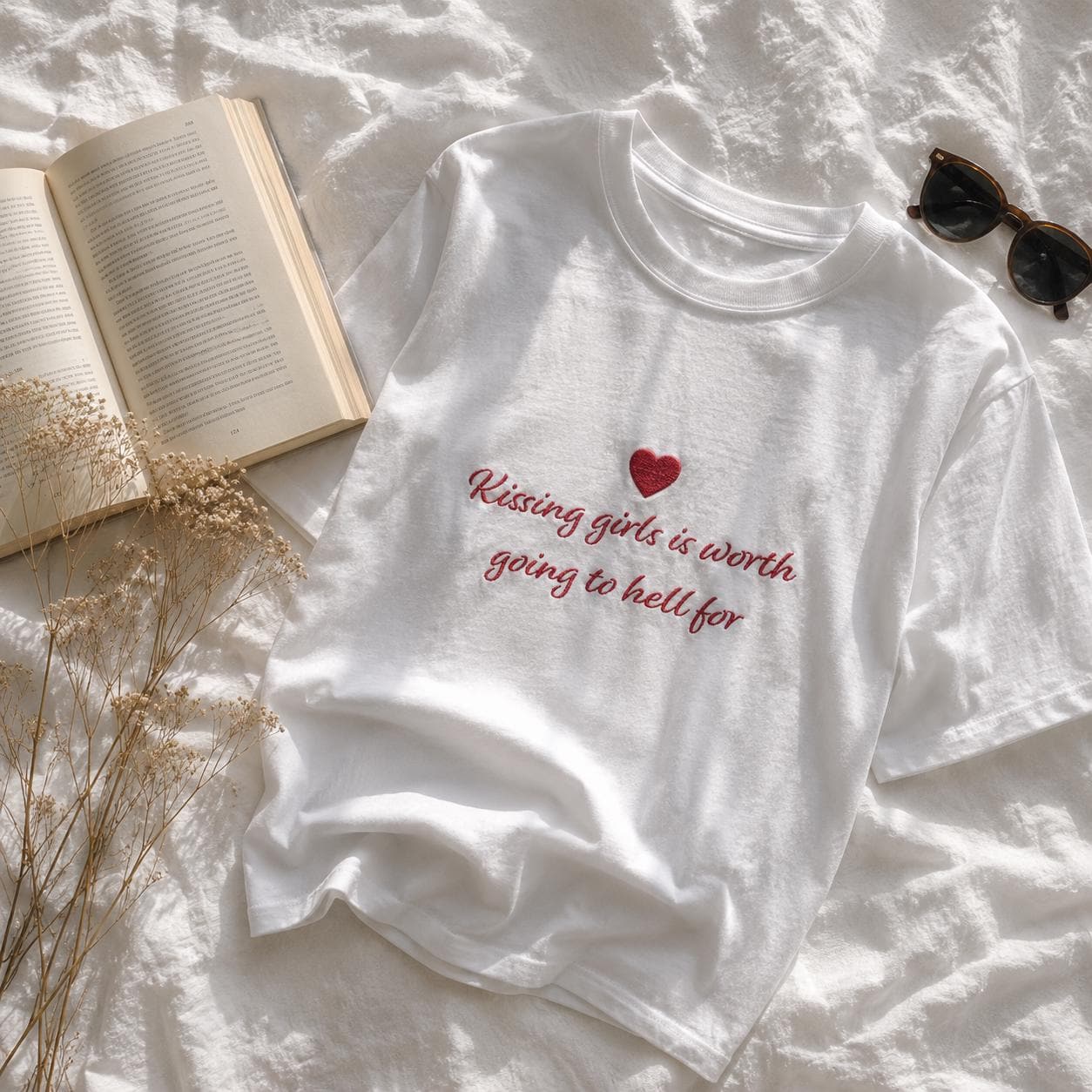 Embroidered Kissing Girls Is Worth Going To Hell For Shirt, Sapphic Heart Tee, Lesbian Pride T-Shirt, Quote Top, Minimalist WLW Clothing