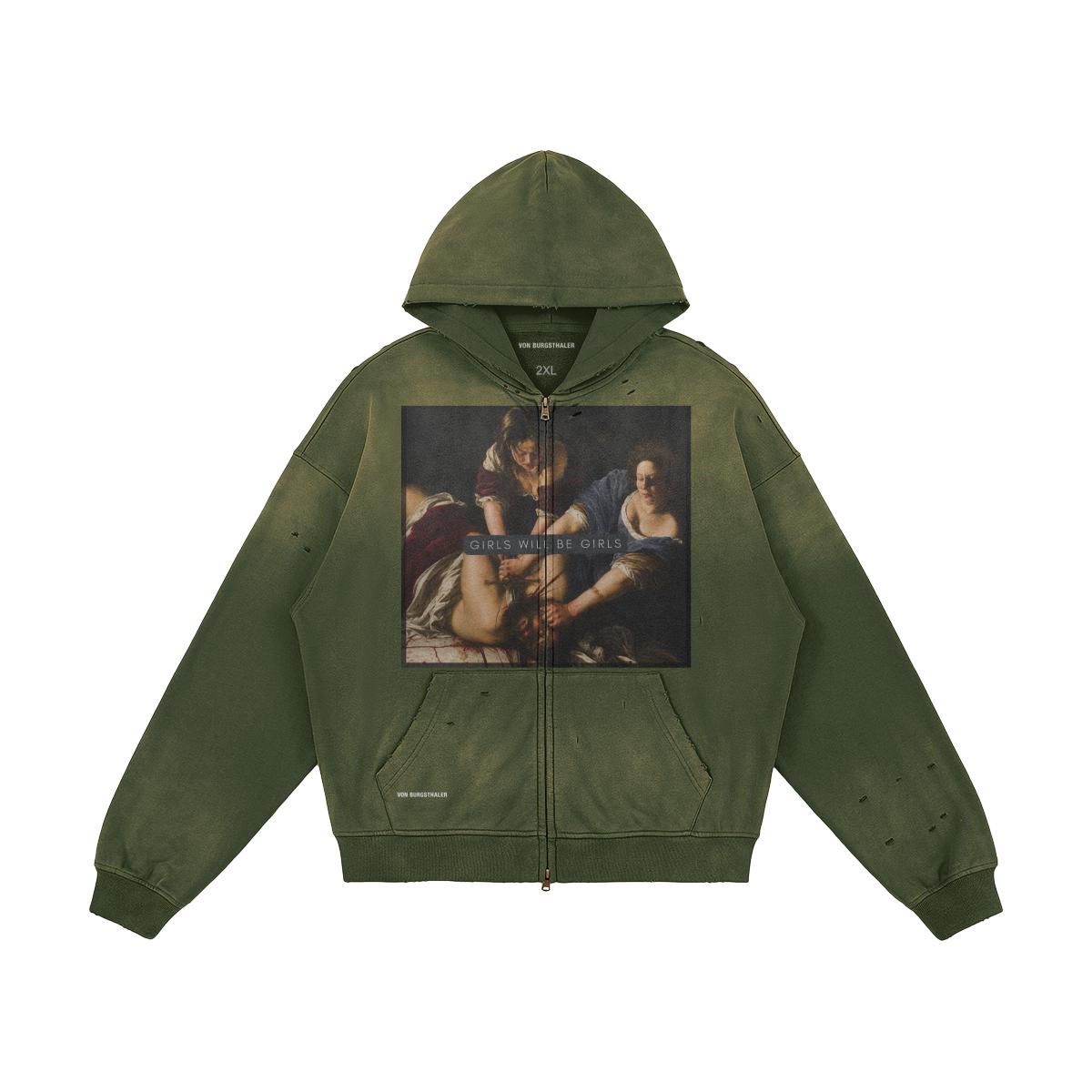 Girls Will Be Girls Sapphic Hoodie, Distressed Lesbian Feminist Zip Up, Artemisia Gentileschi Art Sweatshirt, Dark Academia Graphic Jacket