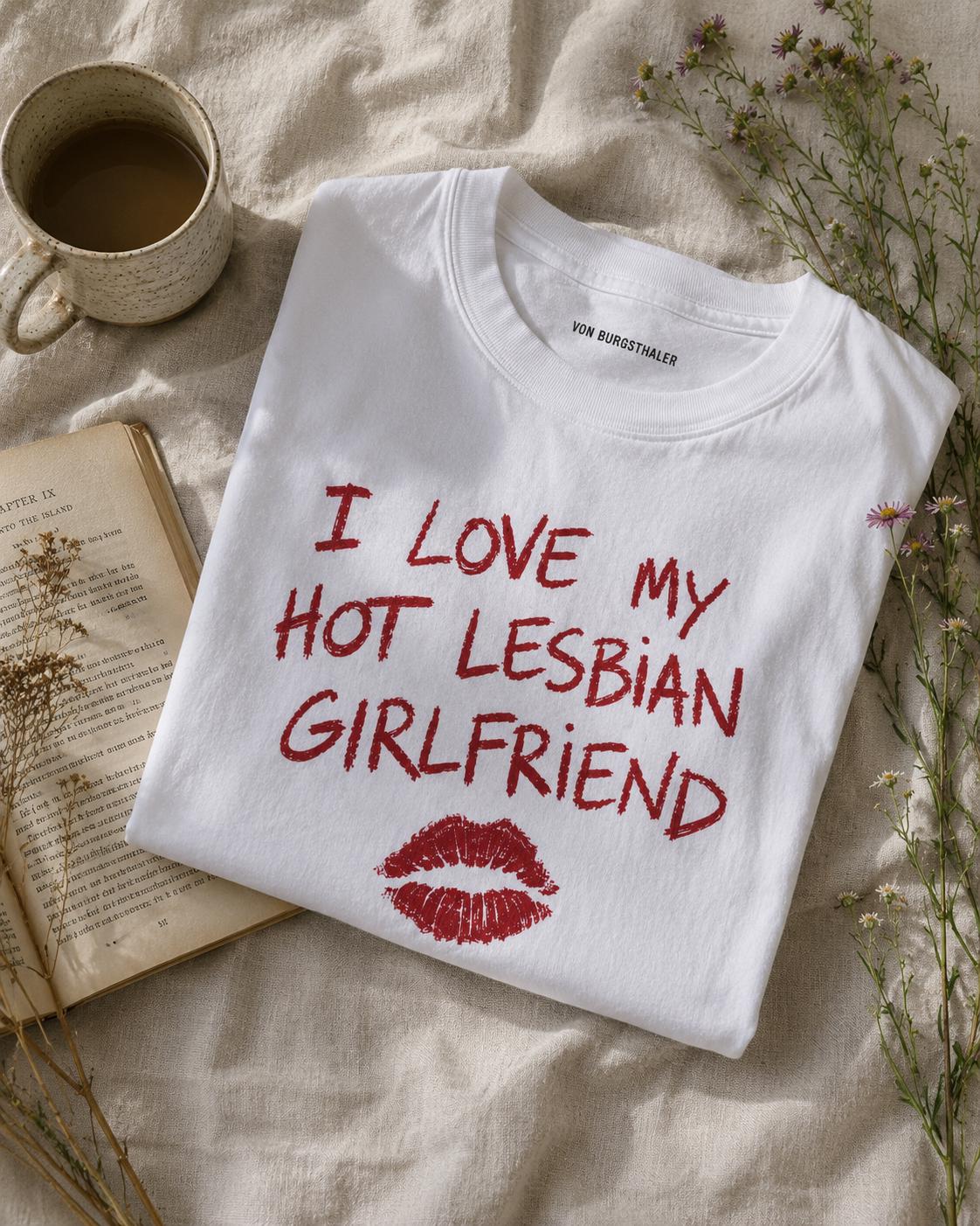 I Love My Hot Lesbian Girlfriend Shirt, Minimalist Lips Graphic Tee, Lesbian Pride T-Shirt, Red Lipstick Queer Top, WLW Couple Gift