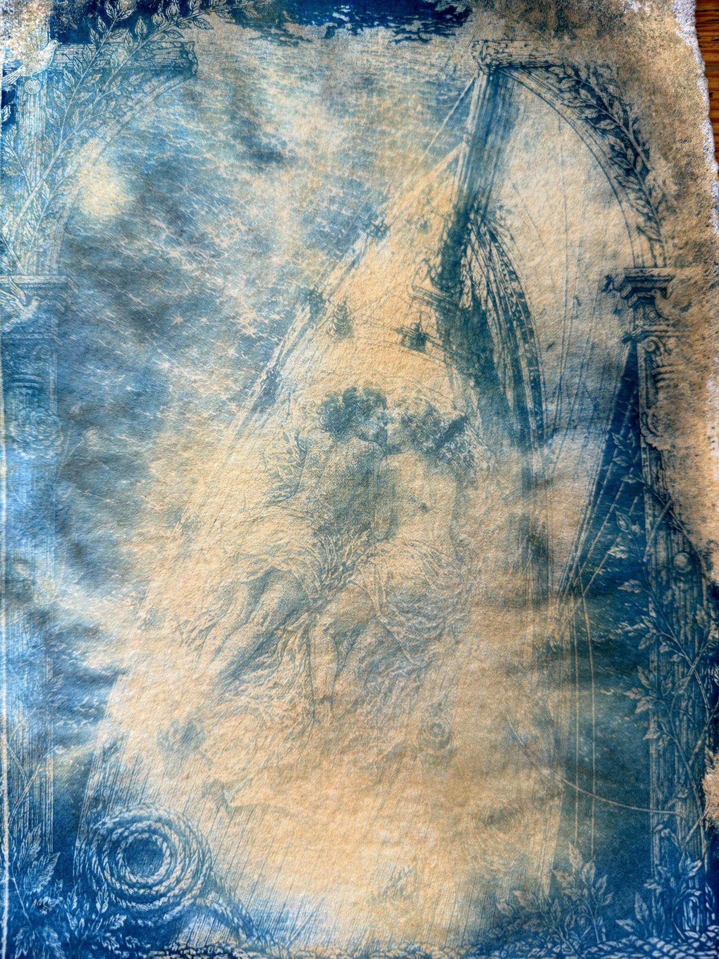 Lesbian Lovers Cyanotype Print, Original Handmade Blue Art on Cotton Rag Paper, A4, Romantic Sapphic Wall Art, Sailing, Boat, Water, Sea