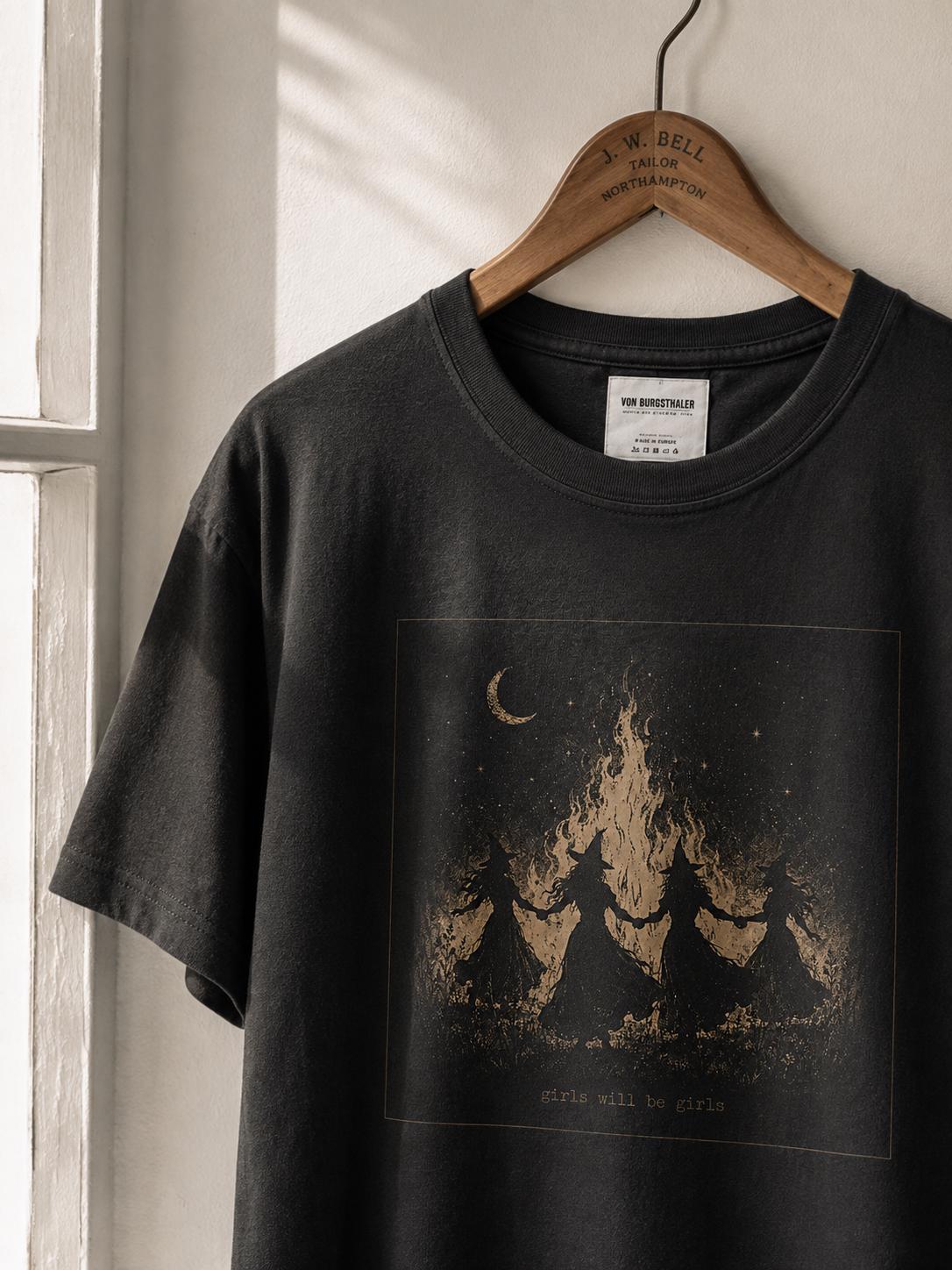 Girls Will Be Girls Witch Shirt, Coven Bonfire T-Shirt, Dark Halloween Top, Vintage Witchy Graphic Tee, Goth Aesthetic Merch, Feminist