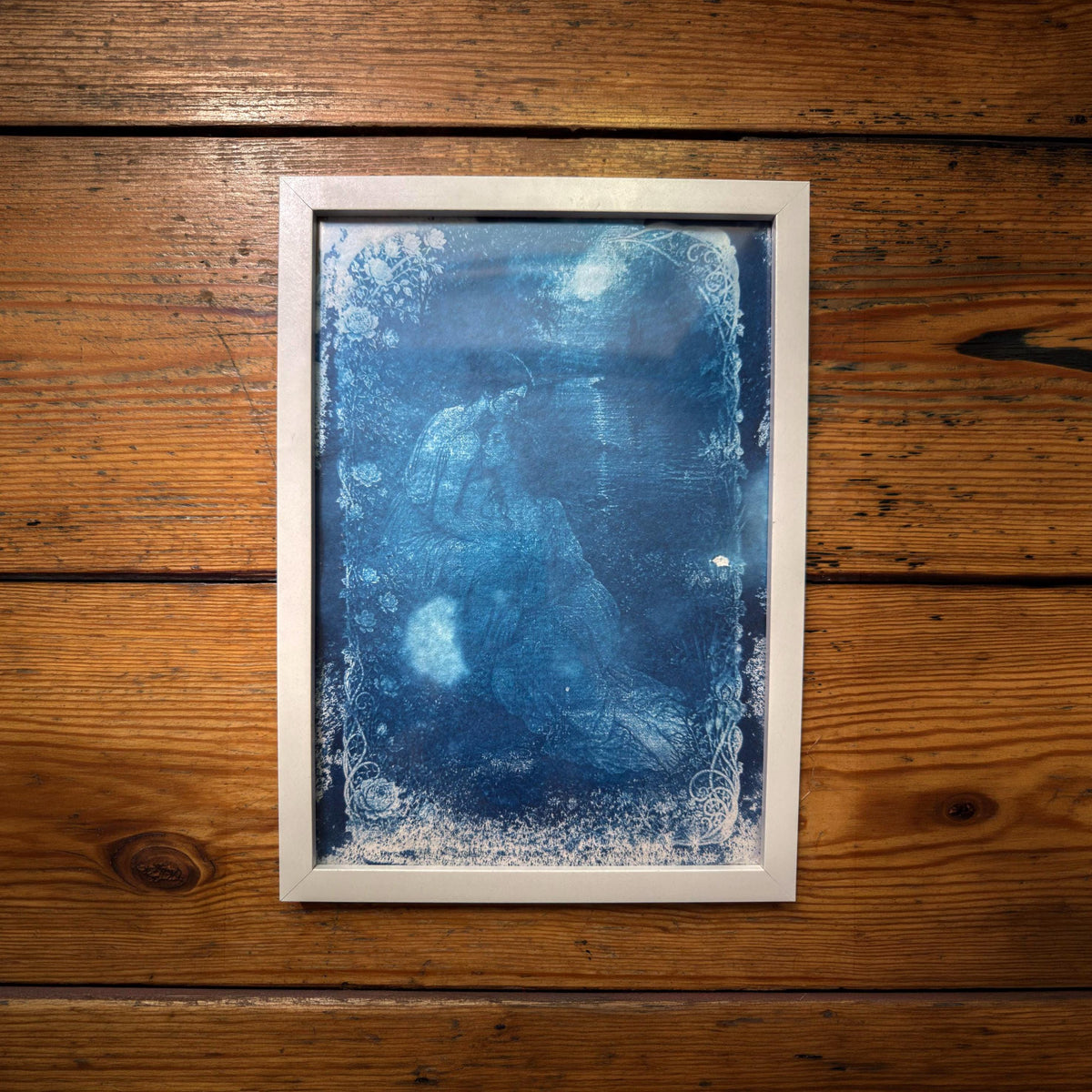 Lesbian Lovers Cyanotype Print, Original Handmade Blue Art on Cotton Rag Paper, A4, Romantic Sapphic Wall Art, moon light, stars, astrology