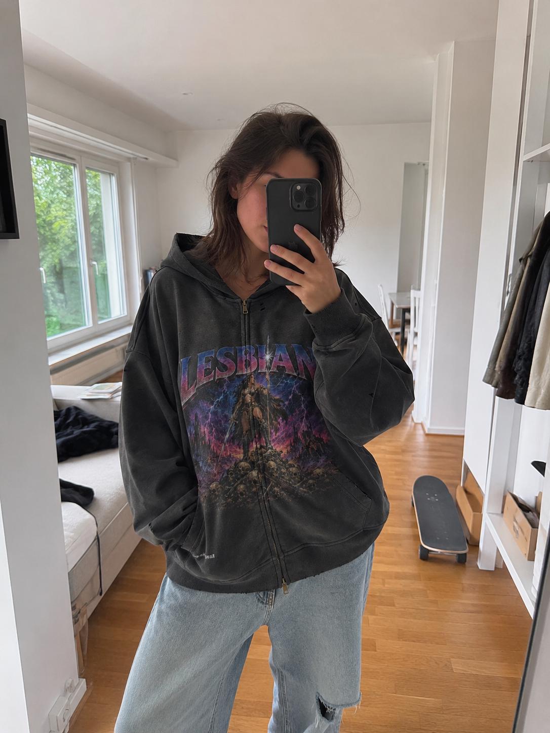 Lesbian Warrior Distressed Hoodie, Sapphic Heavy Metal Zip Up, Retro 80s Fantasy Graphic Jacket, Faded Black Gothic Pride Sweatshirt