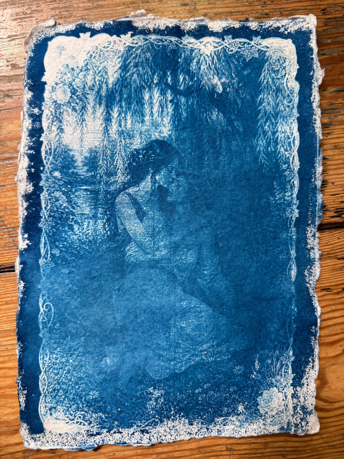 Lesbian Lovers Cyanotype Print, Original Handmade Blue Art on Cotton Rag Paper, A4, Romantic Sapphic Wall Art, Kiss, Tree, weeping willow