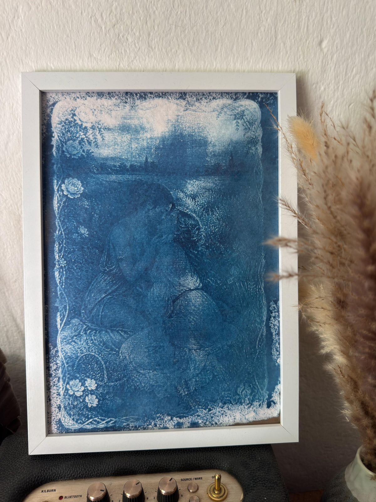 Lesbian Lovers Cyanotype Print, Original Handmade Blue Art on Cotton Rag Paper, A4, Romantic Sapphic Wall Art, Flowers, Kiss