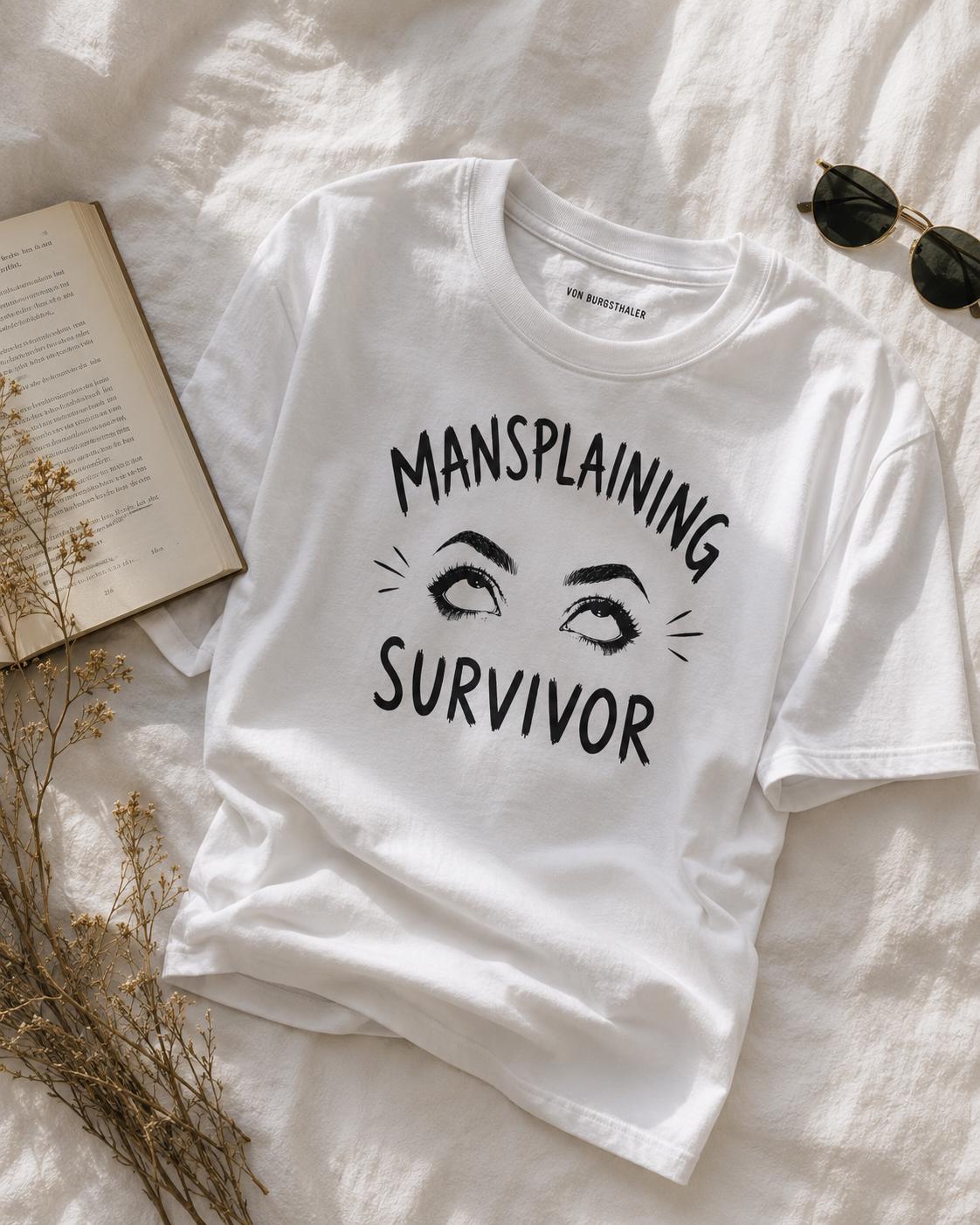 Mansplaining Survivor Shirt, Funny Feminist Graphic Tee, Sarcastic Women's T-Shirt, Girl Power Top, Edgy Sketch Art Gothic Apparel