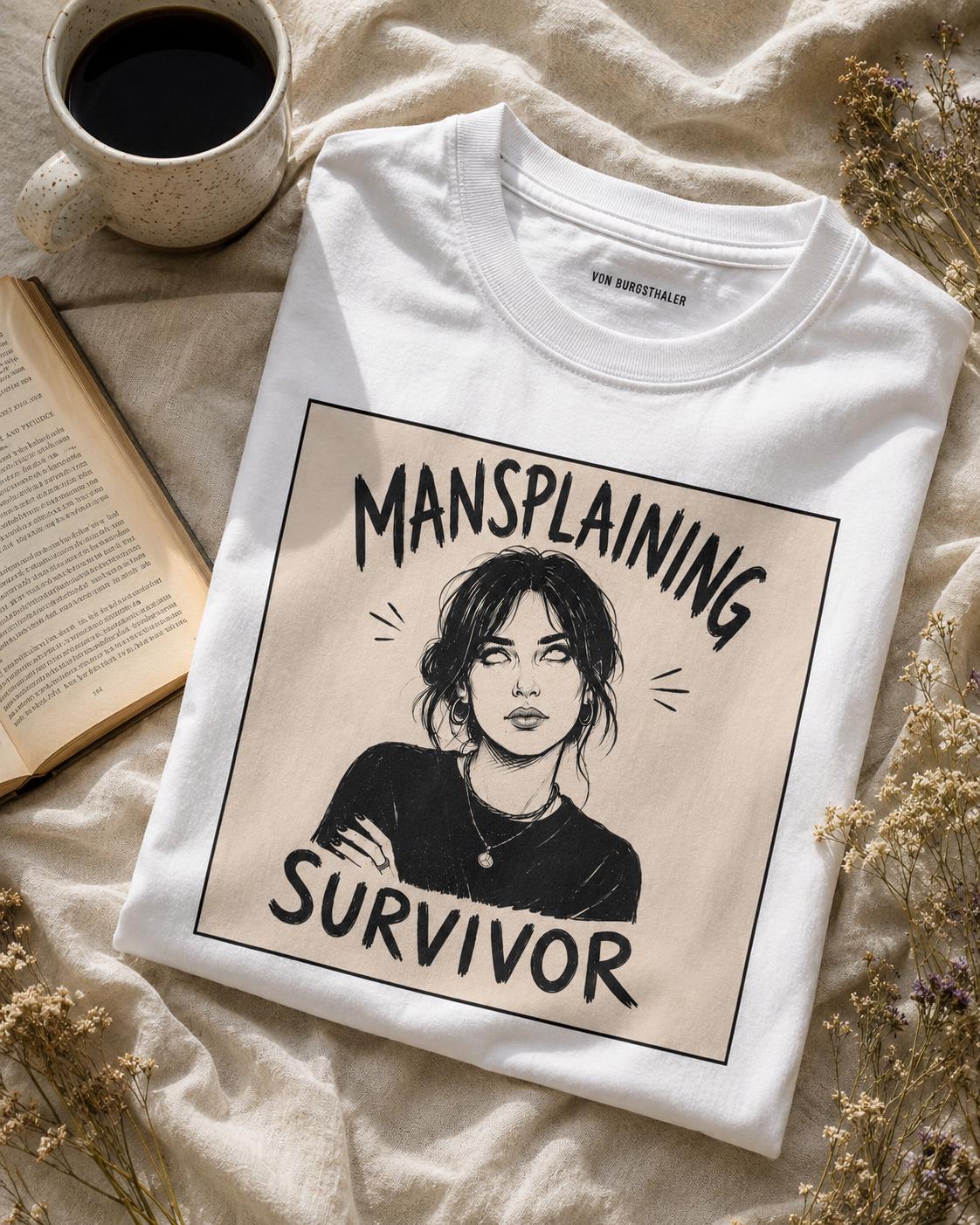 Mansplaining Survivor Shirt, Funny Feminist Graphic Tee, Sarcastic Women's T-Shirt, Girl Power Top, Edgy Sketch Art Gothic Apparel