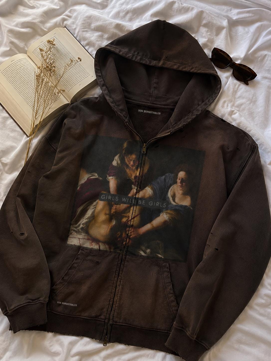 Girls Will Be Girls Sapphic Hoodie, Distressed Lesbian Feminist Zip Up, Artemisia Gentileschi Art Sweatshirt, Dark Academia Graphic Jacket