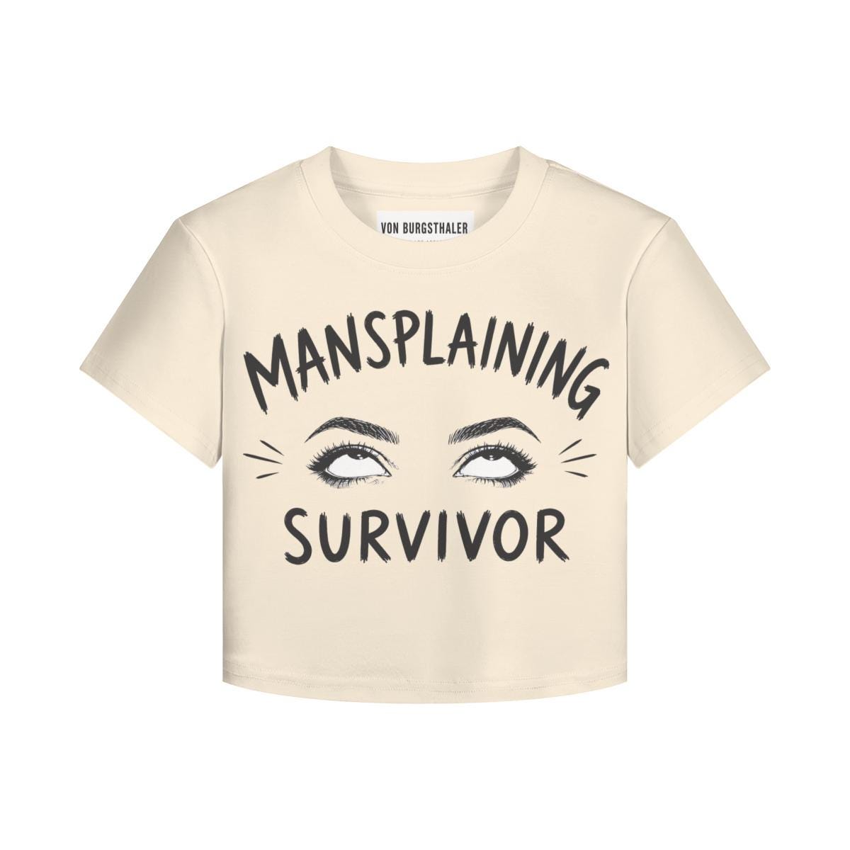 Mansplaining Survivor Baby Tee, Funny Feminist Shirt, Sarcastic Y2K Crop Top, Girl Power Graphic Tee, Smug Eye Roll Feminist Gift