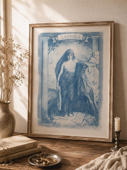 Sappho Poster | Cyanotype Art Print | Romantic Sapphic Wall Decor | Classical Blue Artwork | Queer Home Decor | Lesbian